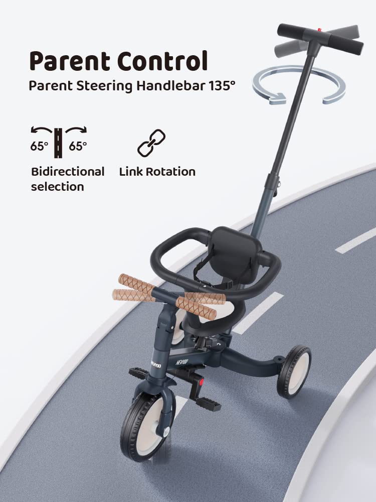 Newyoo 5-in-1 Toddler Tricycle for 1-3 Year Olds - Baby Balance Bike with Parent Push Handle, Safety Guard, Backrest & Belt - Perfect Christmas & Birthday Gift for Boys & Girls (Dark Grey, TR008) - Ideal for Outdoor Play, Park Rides & Learning to Cycle