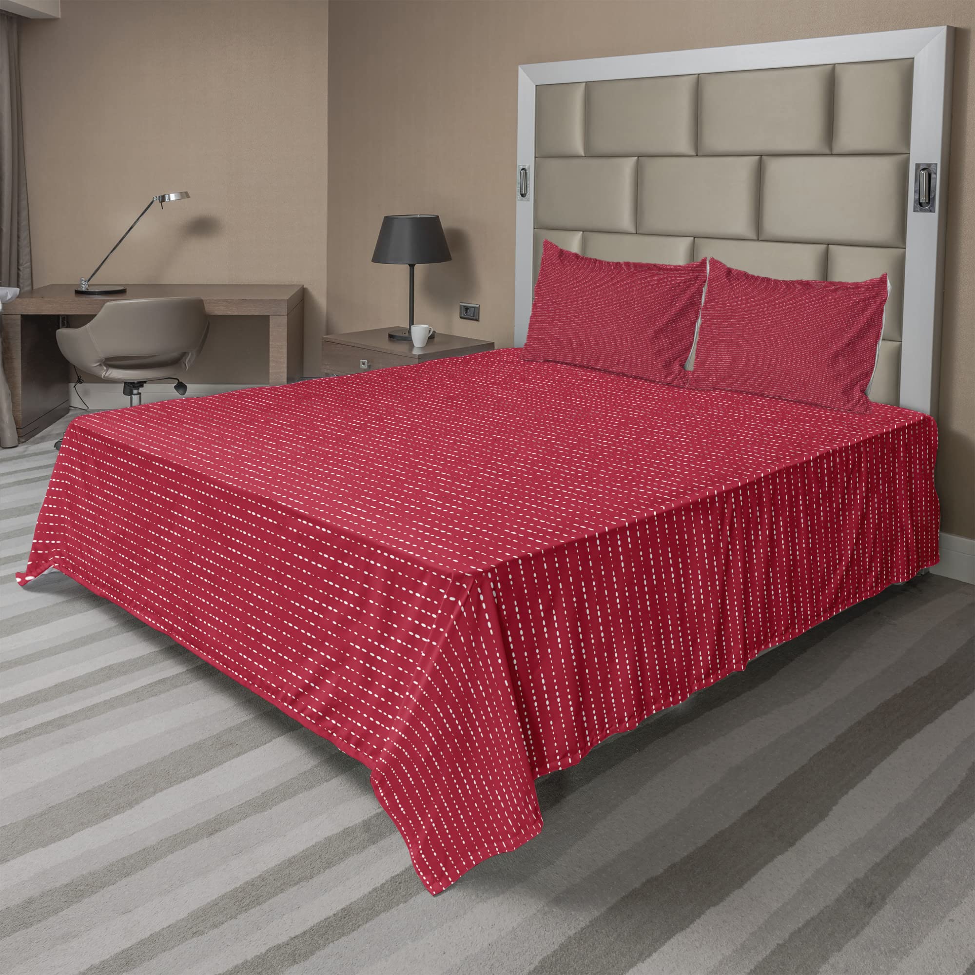 Ambesonne Abstract King Size 4-Piece Sheet Set - Modern Monochrome Straight Drop Design, Fitted & Flat Sheets with Pillowcases - Dark Pink & White Contemporary Bedding for Luxurious Sleep & Stylish Bedroom Decor