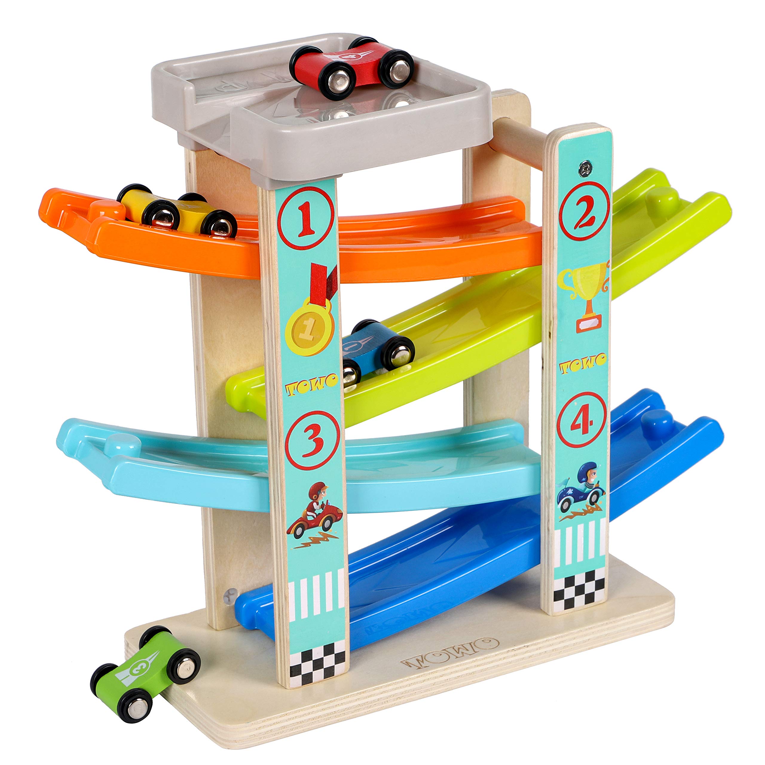 TOWO Wooden Car Ramp Toy Set - Zig Zag Race Track with 4 Wooden Cars & Parking Garage - Click Clack Racer for Toddlers - Educational STEM Toys for Boys Girls Ages 2 3 4 - Perfect for Indoor Play, Birthday Gifts & Preschool Learning Activities