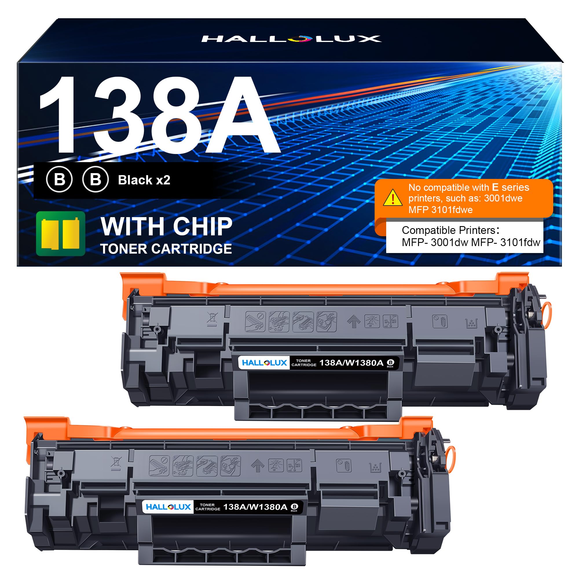 HALLOLUX 138A Black Laserjet Toner Cartridge (with Chip) - 2 Pack Compatible Replacement for HP 138A W1380A 138X W1380X - Works with HP Laserjet Pro 3001dw MFP 3101fdw 3001fdw Printers - High Yield Office & Home Printing Solution