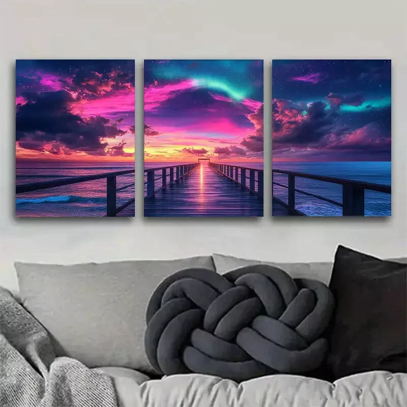 3-Piece Colorful Vibrant Aurora Pier Triptych Wall Art Set - Framed Canvas 40x60cm (16x24 Inches) - High Quality Print - 100% Australian Made - Ready to Hang - Perfect for Living Room, Bedroom & Office Decor