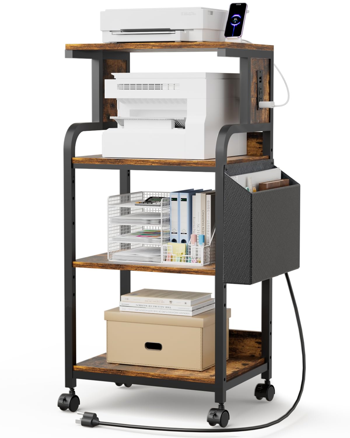4-Tier Adjustable Printer Stand with Storage Shelf & Wheels - Large Printer Table with Charging Station for Home Office - Perfect for 3D Printer, Shredder, Scanner & Fax Machine - Ideal Workspace Organizer for Small Office & Home Use