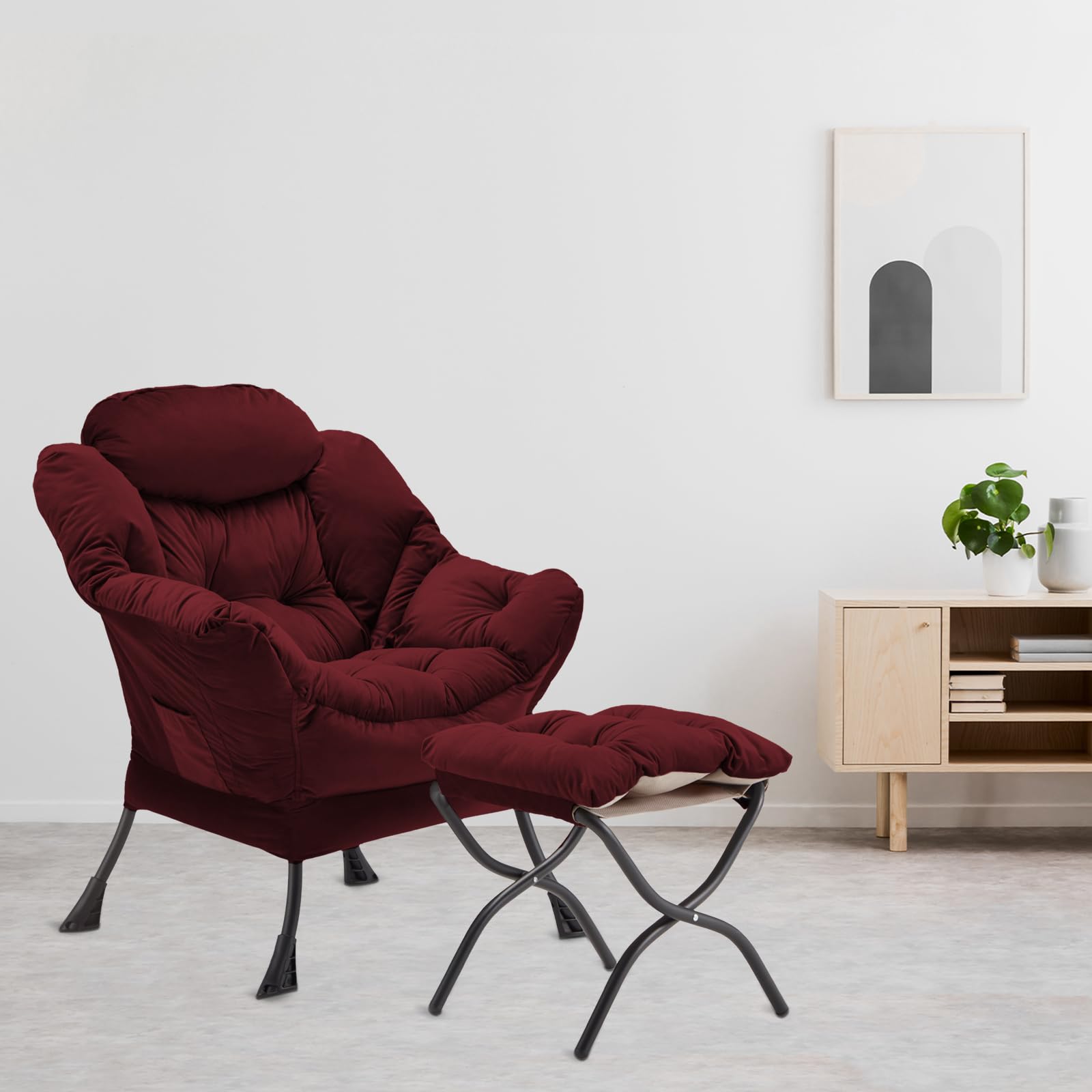 Velvet Upholstered Lazy Chair with Folding Ottoman - Modern Accent Armchair with Metal Frame, Non-Slip Pads & Side Storage Pocket - Comfortable Footrest Sofa for Living Room, Bedroom, Office & Dorm - Burgundy