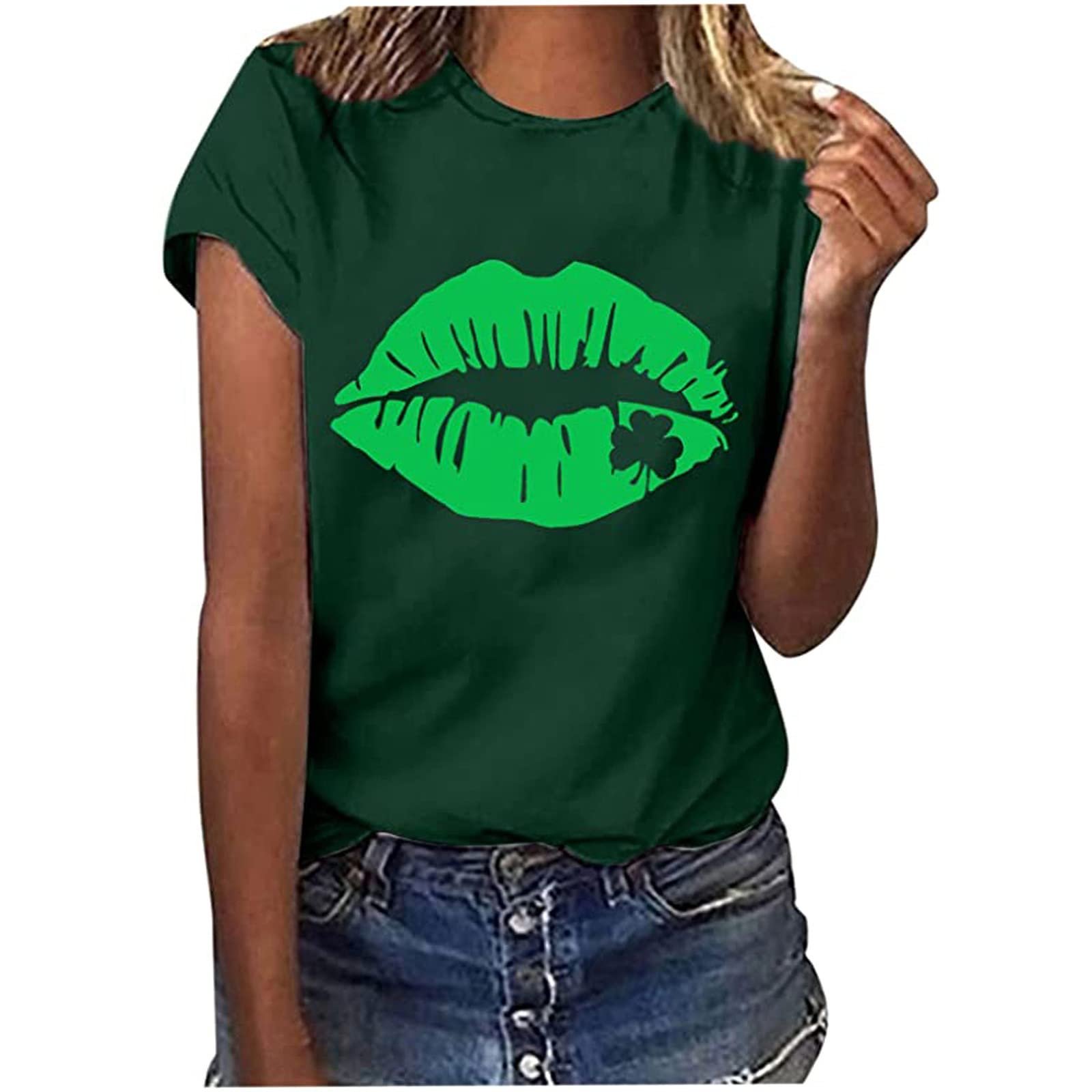St. Patrick's Day Women's Lip Print Clover T-Shirt - Cute Cap Sleeve Top for Plus Size | Casual Wear, Workout & Going Out | Festive Holiday Apparel for Parties & Irish Celebrations