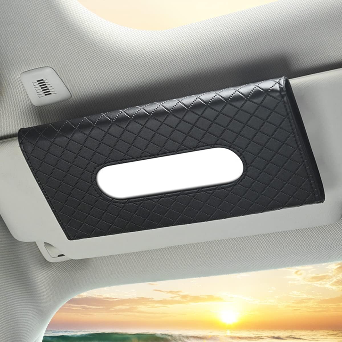 Black PU Leather Car Sun Visor Tissue Box Holder - Hanging Napkin & Mask Organizer for Vehicles | Perfect Car Accessory Gift Idea | Keep Tissues Handy While Driving