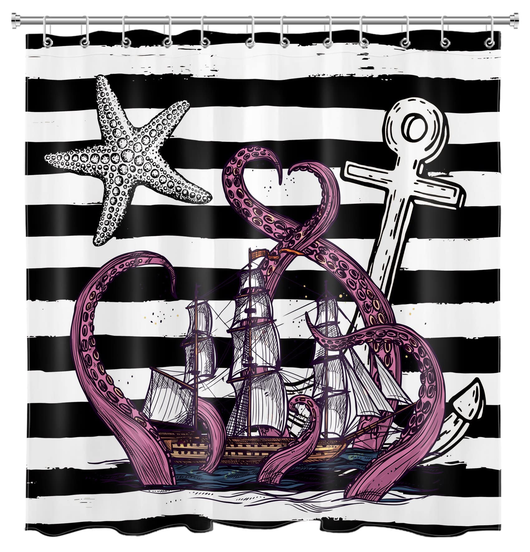 Nautical Shower Curtain with Ocean Octopus & Pirate Ship Design - Black & White Striped Polyester Bathroom Curtain with Hooks (72x78 Inches) - Perfect for Beach Theme Bathrooms & Coastal Home Decor