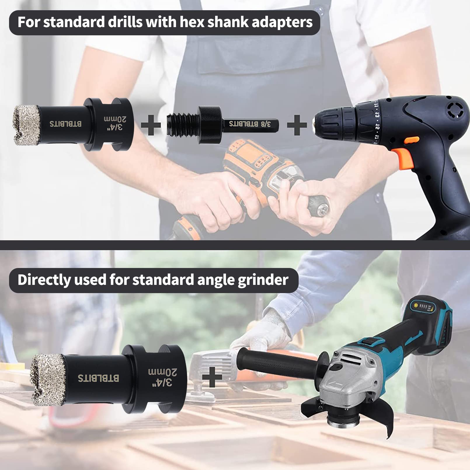 Diamond Core Drill Bit 3/4 Inch (20mm) - Tile Drill Bit for Porcelain, Ceramic, Granite, Brick & Marble - Angle Grinder Compatible with 5/8-11 to 3/8