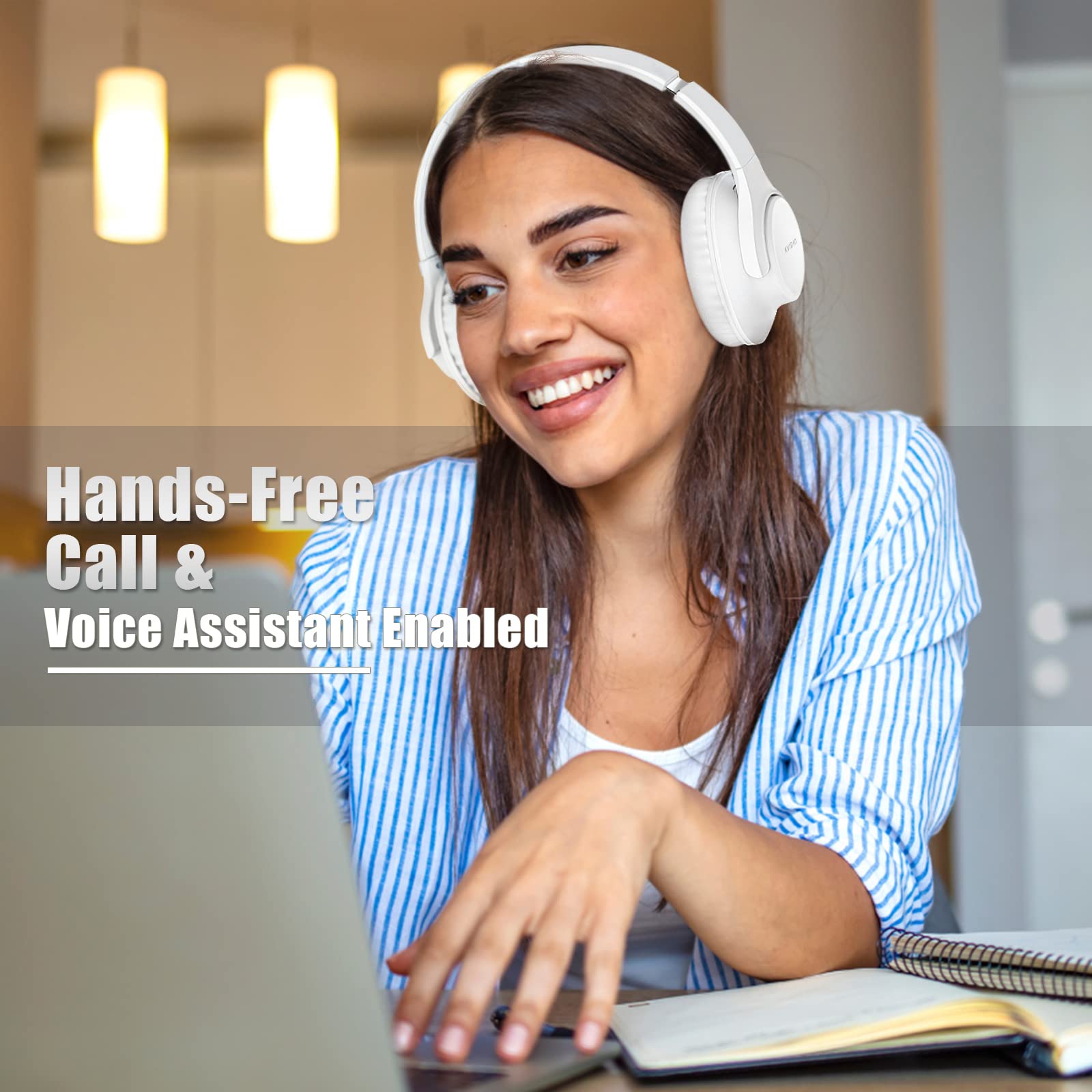 KVIDIO Wireless Bluetooth Over-Ear Headphones with Microphone - 65 Hours Playtime, Foldable Lightweight Design, Deep Bass & HiFi Stereo Sound - Perfect for Travel, Work, Gaming & Phone Calls (White)