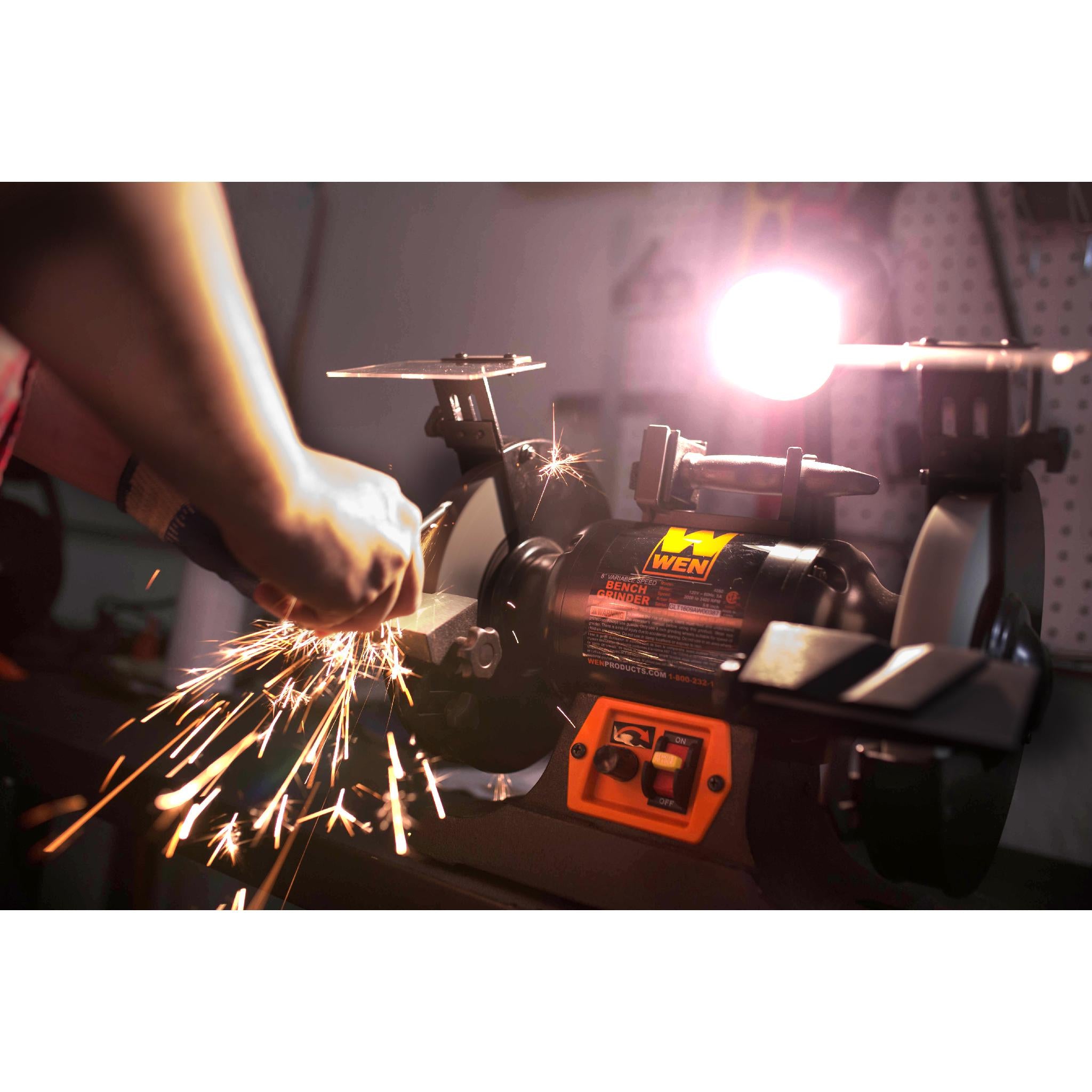 WEN BG4280 5 Amp 8 Inch Variable Speed Bench Grinder with Flexible Work Light - Perfect for Metalworking, Woodworking & DIY Projects in Home Workshops