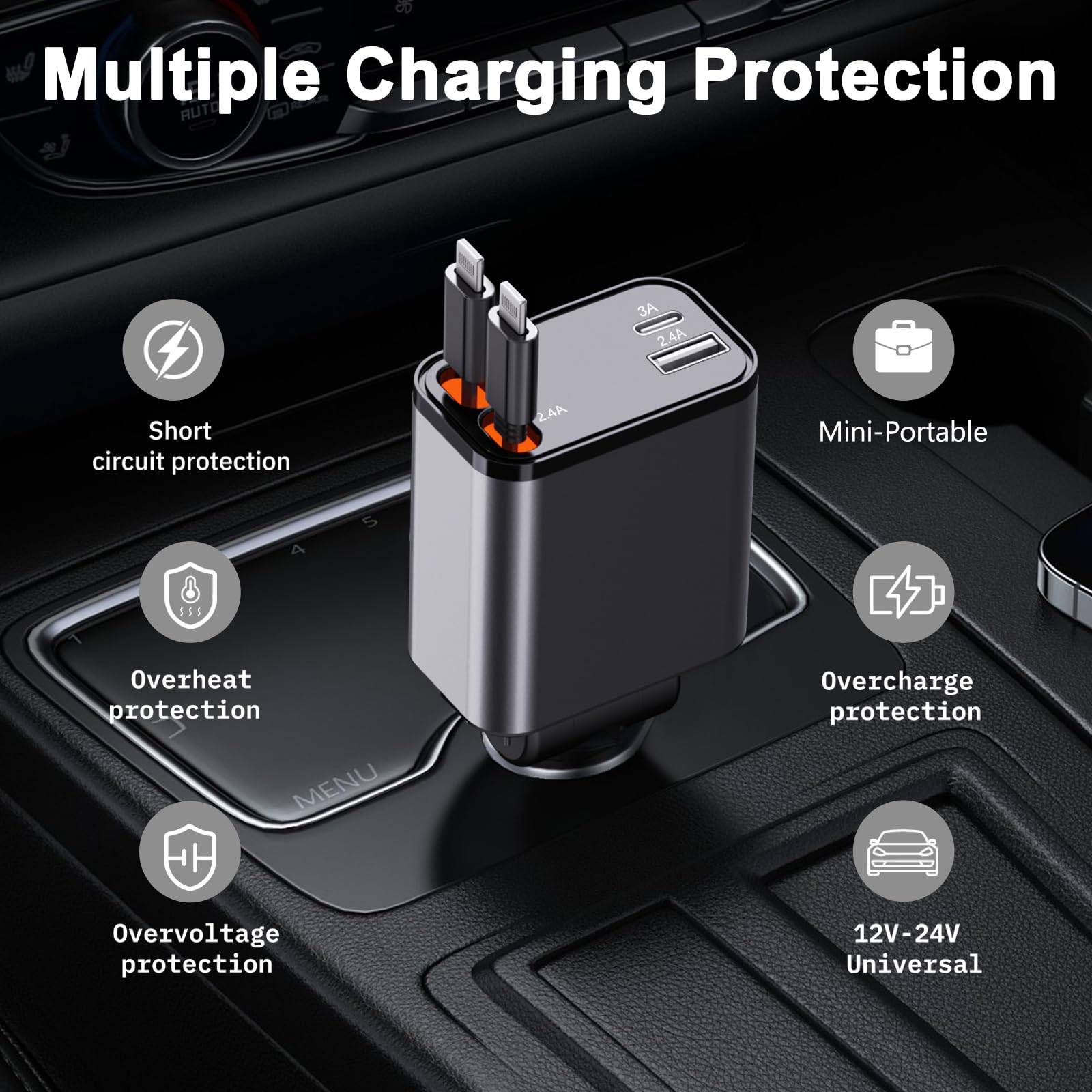 Paiholy 4-in-1 Retractable Car Charger with Dual iOS Cables & 2 USB Ports - Super Fast Mini Car Charger for iPhone 15/14/13 Pro Max/Samsung/Pixel - Perfect for Road Trips & Daily Commuting