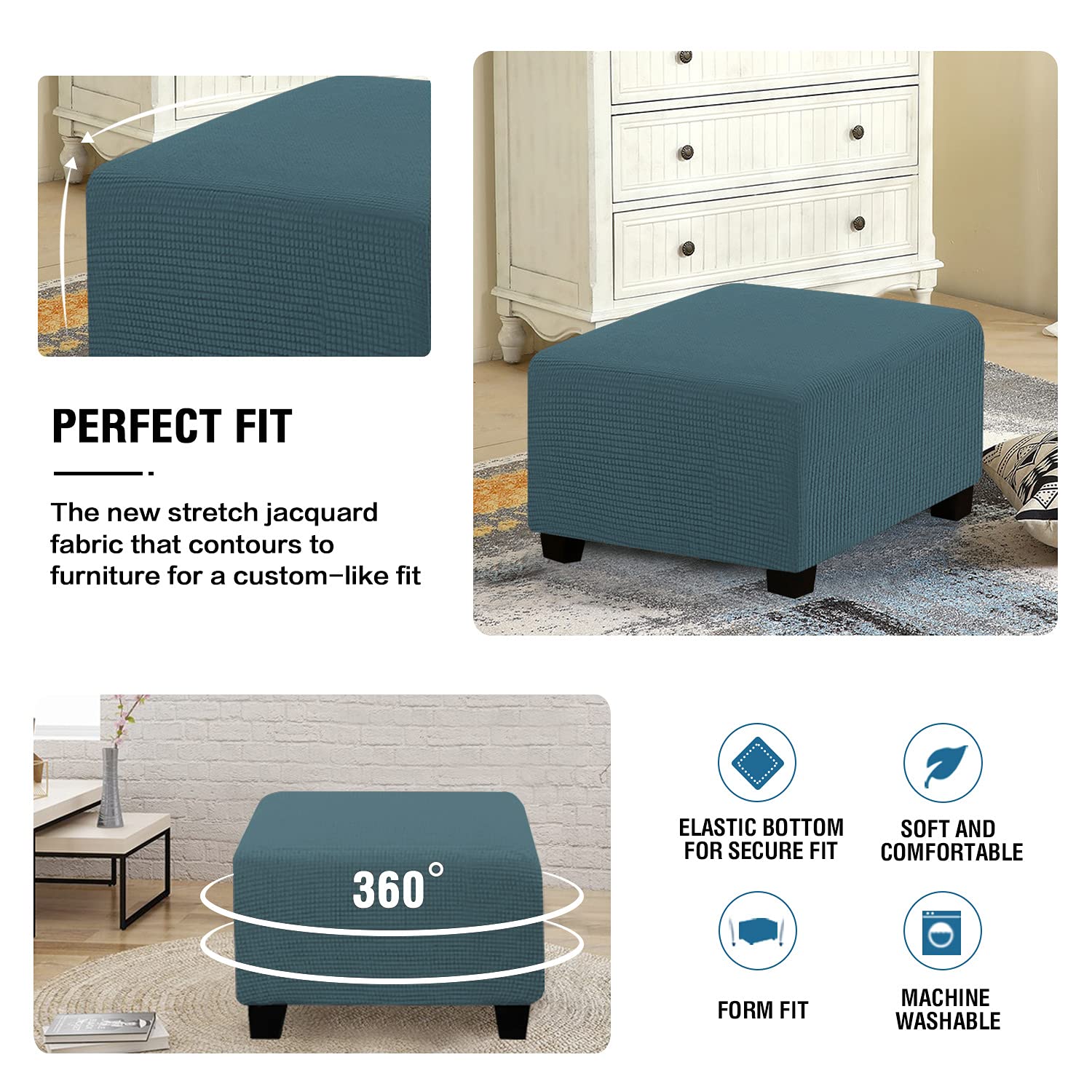 XMNTG Jacquard Stretch Ottoman Slipcover - Washable Square Folding Storage Stool Cover with Elastic Bottom - Blue Checked Furniture Protector & Footrest - Perfect for Living Room, Bedroom, and Office Use