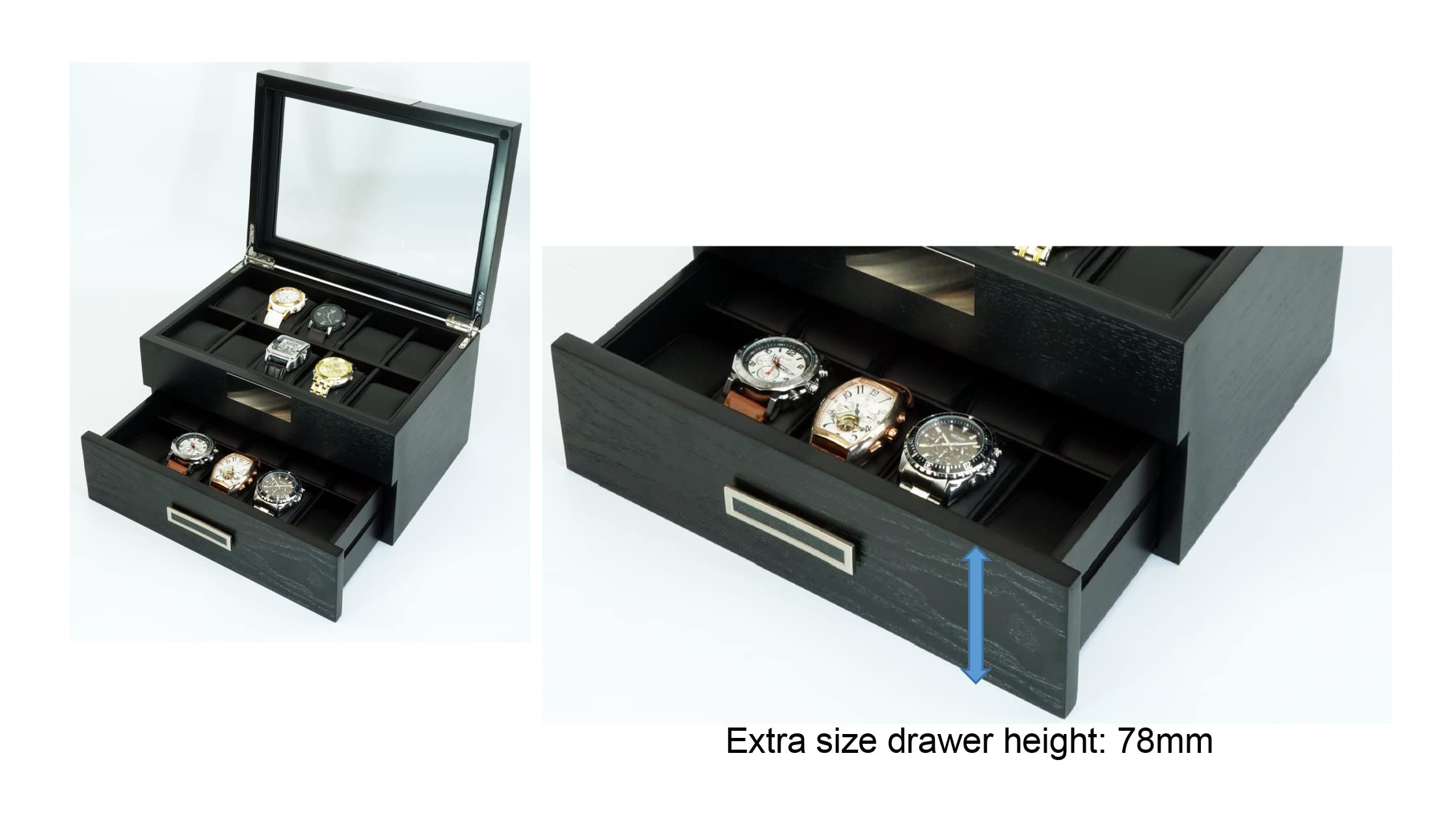 Premium 20-Slot Ebony Wood Watch Display Case with Glass Top - 2-Tier Jewelry Organizer with Stainless Steel Accents & 2 Drawers - Perfect for Watch Collectors, Jewelry Storage & Retail Store Displays