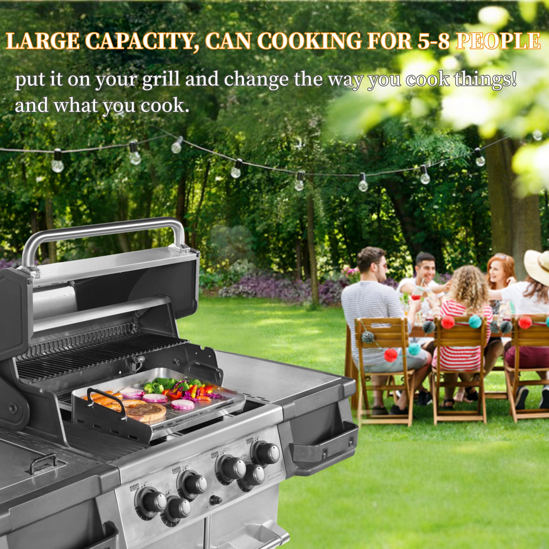 JiRiCHMi Stainless Steel Griddle for Gas Grill - Flat Top Grill for Stove with Removable Grease Tray & Retractable Stand - Perfect for Outdoor Cooking, Camping, BBQs, and Backyard Grilling - Fits Various Grill Sizes