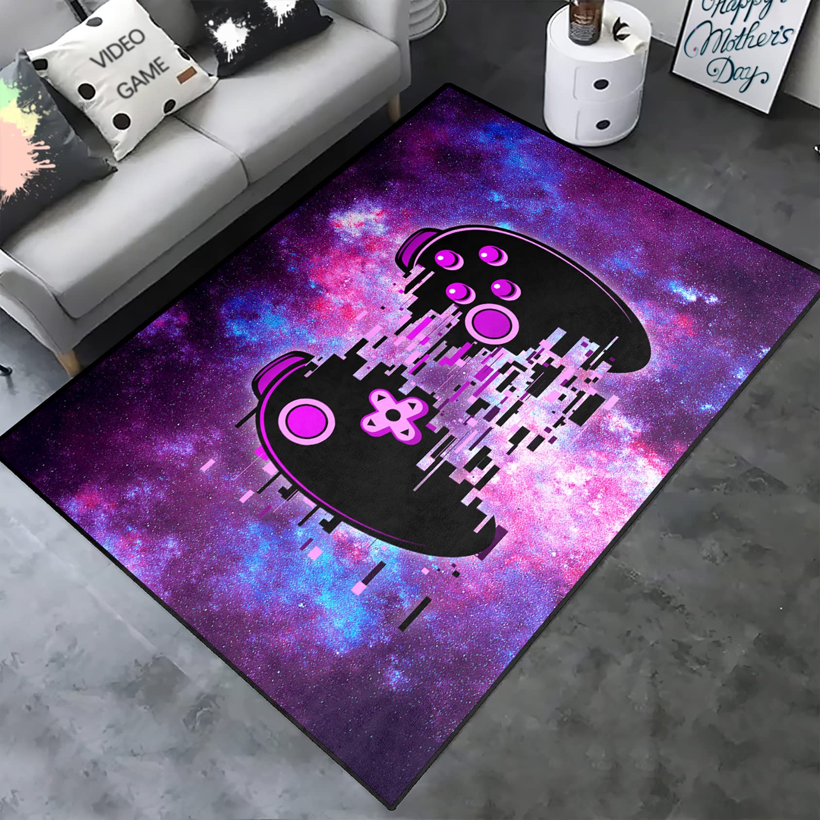 Gamer Medium Area Rug - Purple Space Gamepad Design for Living Room, Bedroom & Gaming Room - Soft Polyester Floor Mat 59