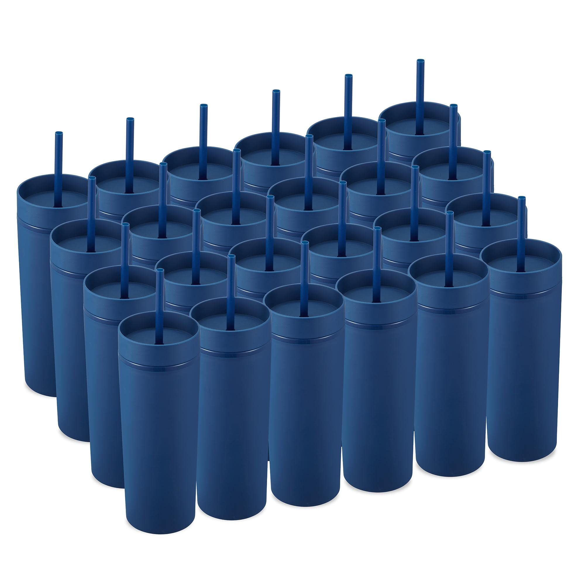 MEWAY 24 Pack 20oz Skinny Plastic Tumblers - Double Wall Acrylic Cups with Lids & Straws, Matte Pastel Reusable Drinkware for Parties, DIY Customization, Birthday Gifts, Home & Office Use (Navy Blue, Set of 24)