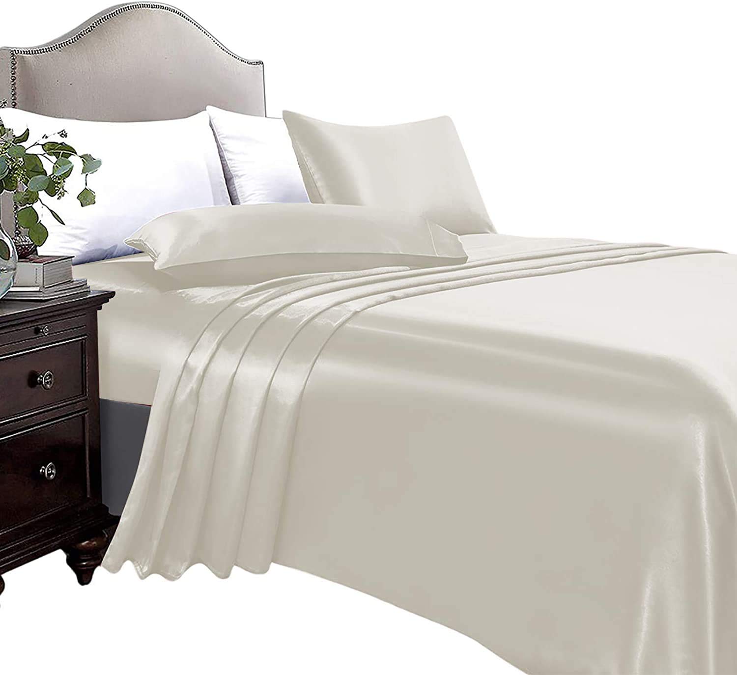 Luxury 4-Piece Satin Bed Sheets Set - 100% Silky Satin Full XL Beige Bedding with 16
