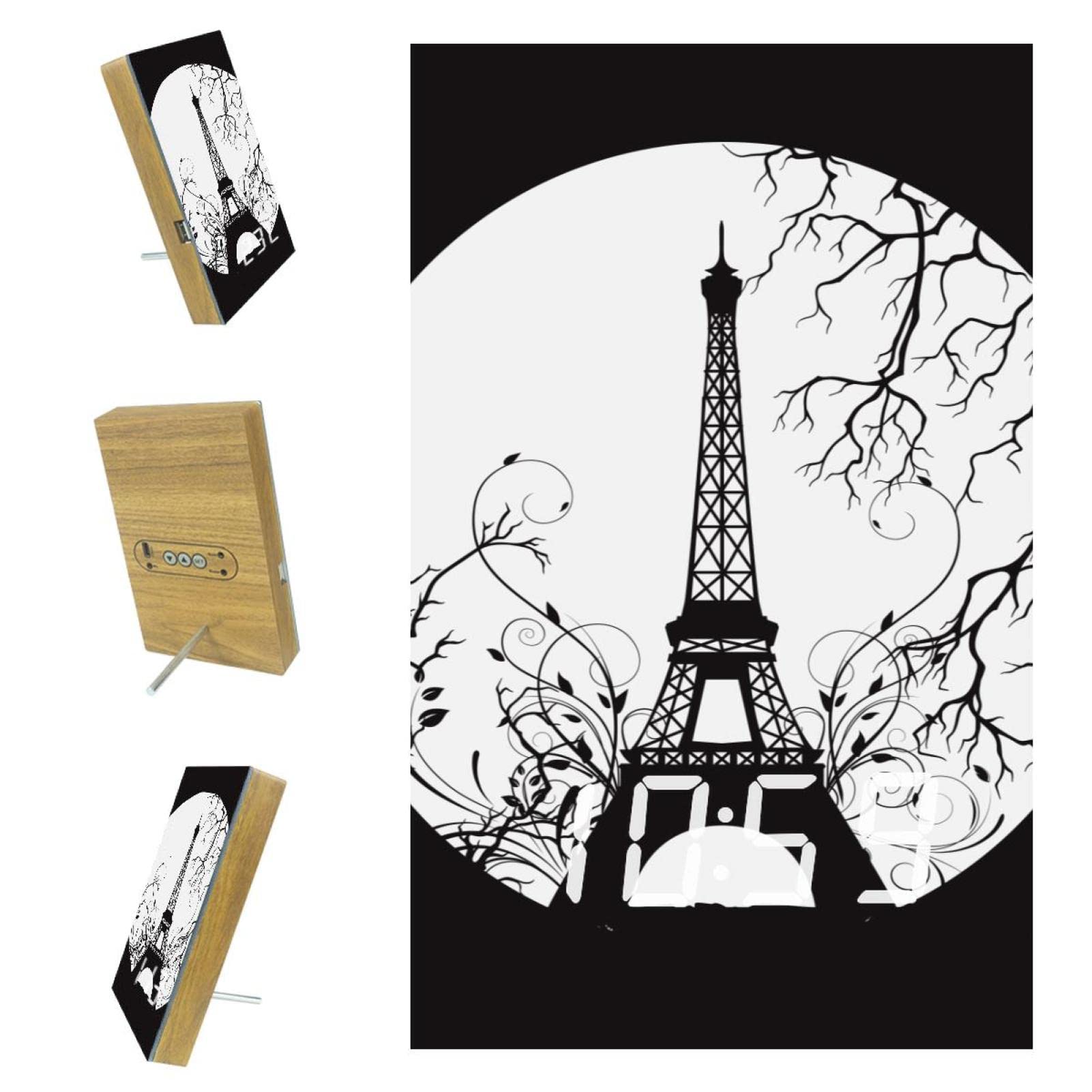 Eiffel Tower Silhouette Digital Alarm Clock - 3 Alarm Settings, FM Radio, Wooden Desk Clock for Bedroom, Kitchen, Office | Perfect for Home Decor, Gift & Travel