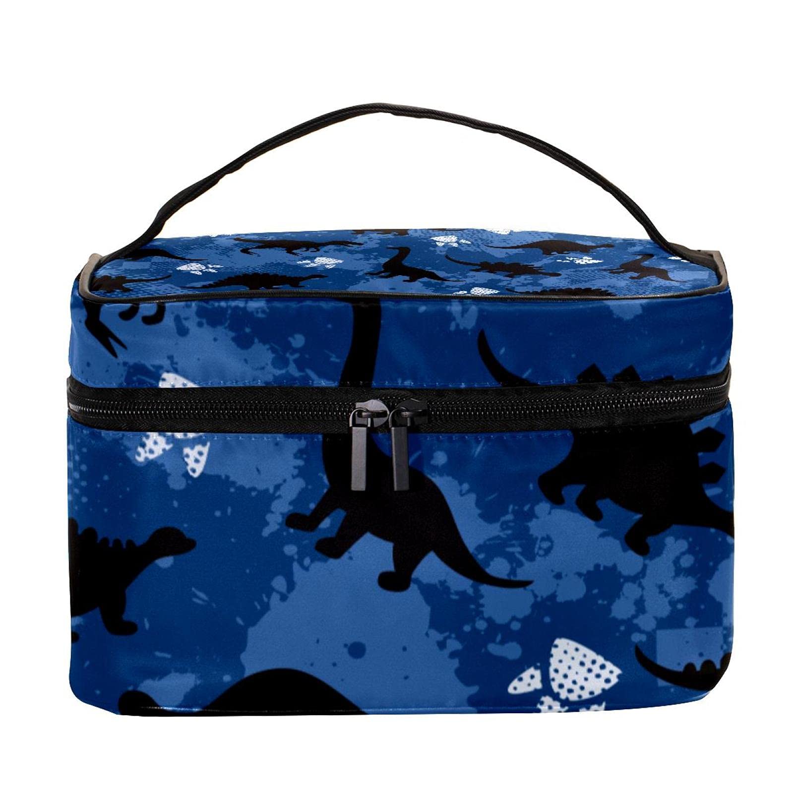 Grunge Dinosaur Footprint Blue Pattern Large Travel Makeup Bag - Waterproof Cosmetic Organizer with Zipper for Women & Girls | Perfect for Travel, Gym, and Daily Essentials Storage