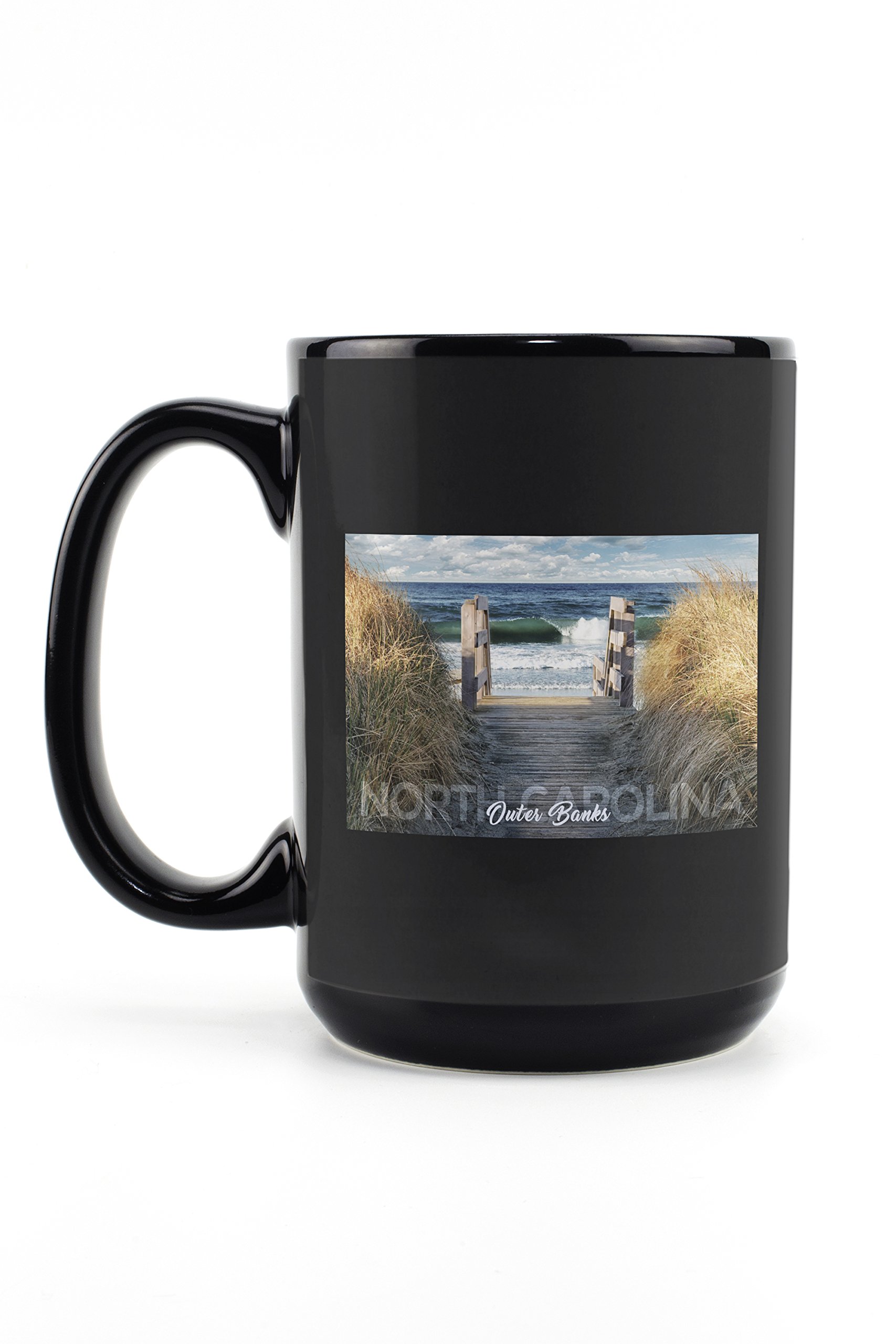 Lantern Press Outer Banks North Carolina Stairs to Beach - 15oz Black Ceramic Coffee & Tea Mug | Dishwasher & Microwave Safe | Perfect for Beach Lovers & Coastal Home Decor