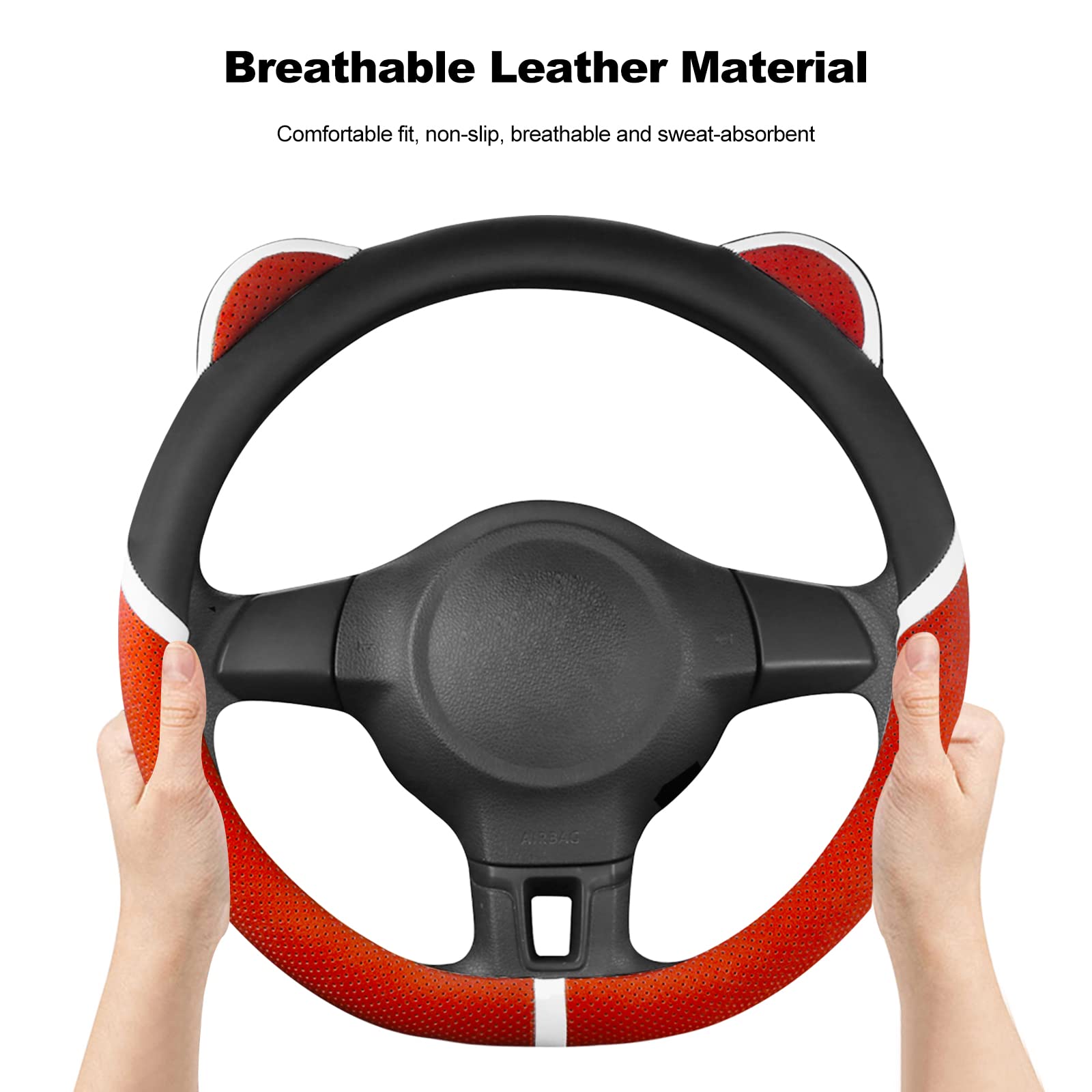 Ergocar D-Shaped Steering Wheel Cover - Cute Cartoon Cat Ears Design, Anti-Slip Microfiber PU Leather, Breathable Car Accessory for Women (15