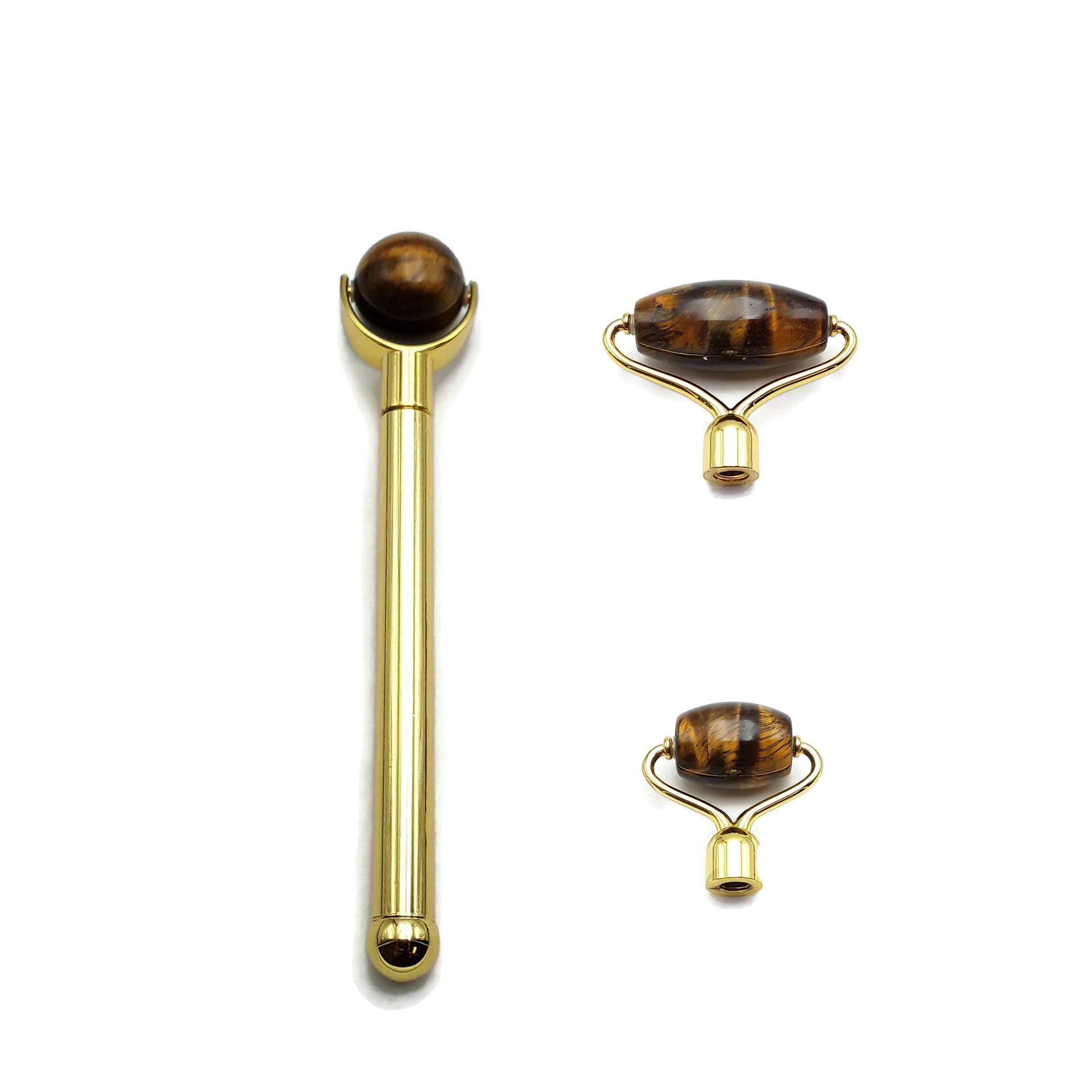3 in 1 Yellow Tiger Eye Face Massage Roller Kit - Detachable Pieces for Gua Sha, Lymphatic Drainage & Anti-Aging - Perfect for Home Spa & Self-Care Routine