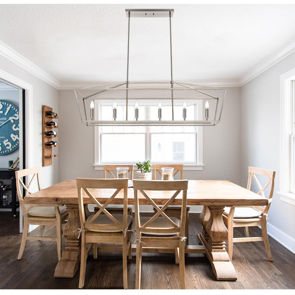 6-Lights Kitchen Island Pendant Lighting Fixture - Brushed Nickel Farmhouse Linear Chandelier with E12 Bulb Base - Perfect for Dining Room, Living Room, Pool Table and Modern Home Decor