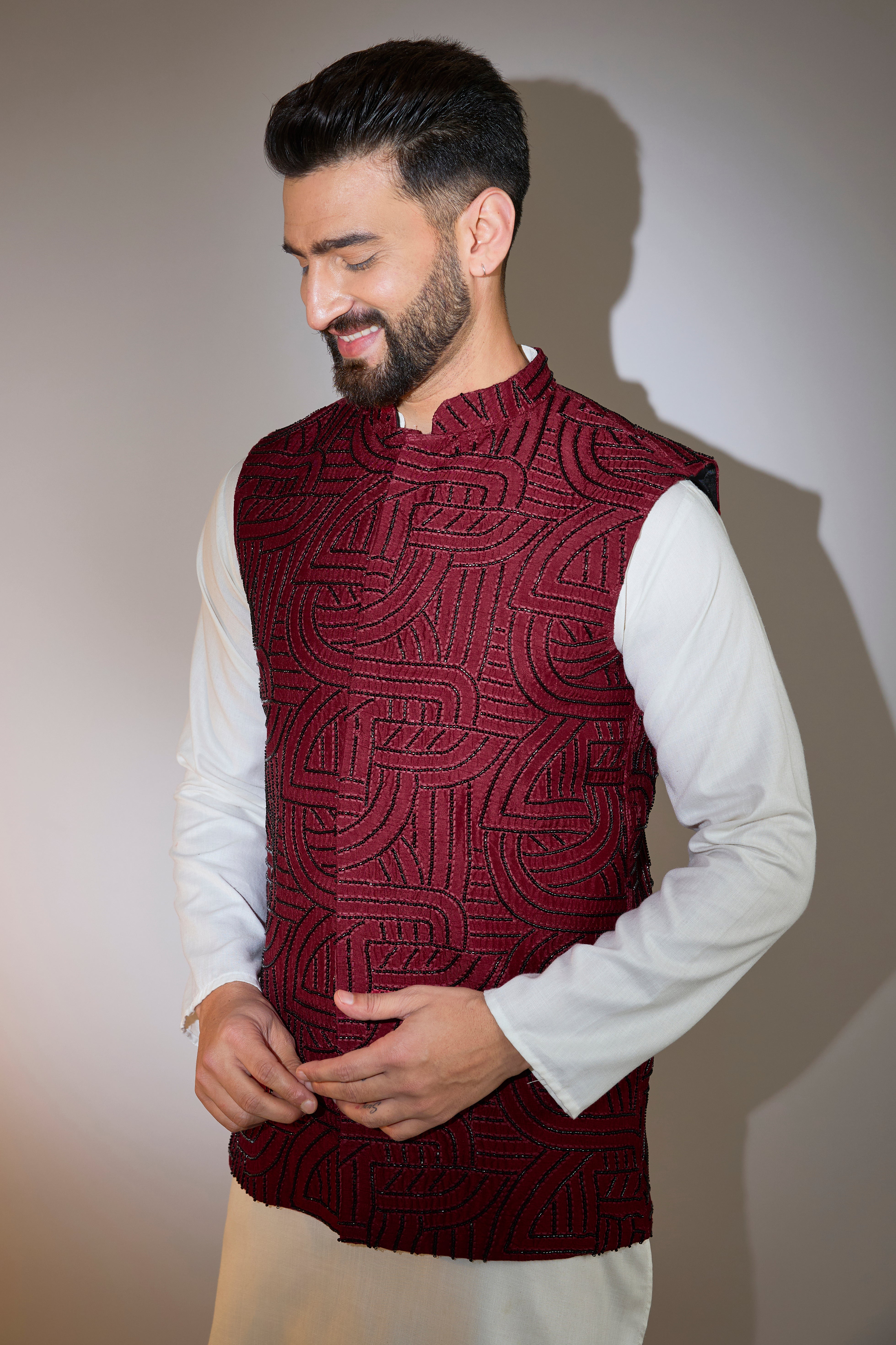 Elegant Maroon Short Jacket with Intricate Dana Embroidery - Perfect for Casual Outings and Boho Fashion