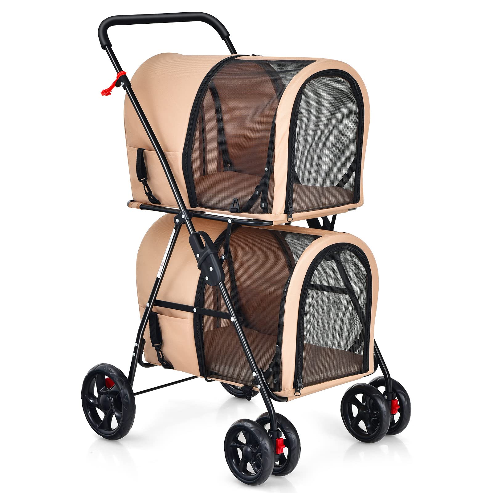 Giantex Double Pet Stroller for Dogs & Cats - 2 Detachable Carrier Bags, Safety Belts, 4 Lockable Wheels - Foldable Travel Carrier for Small/Medium Pets - Perfect for Park Walks, Vet Visits & Shopping Trips (Beige)