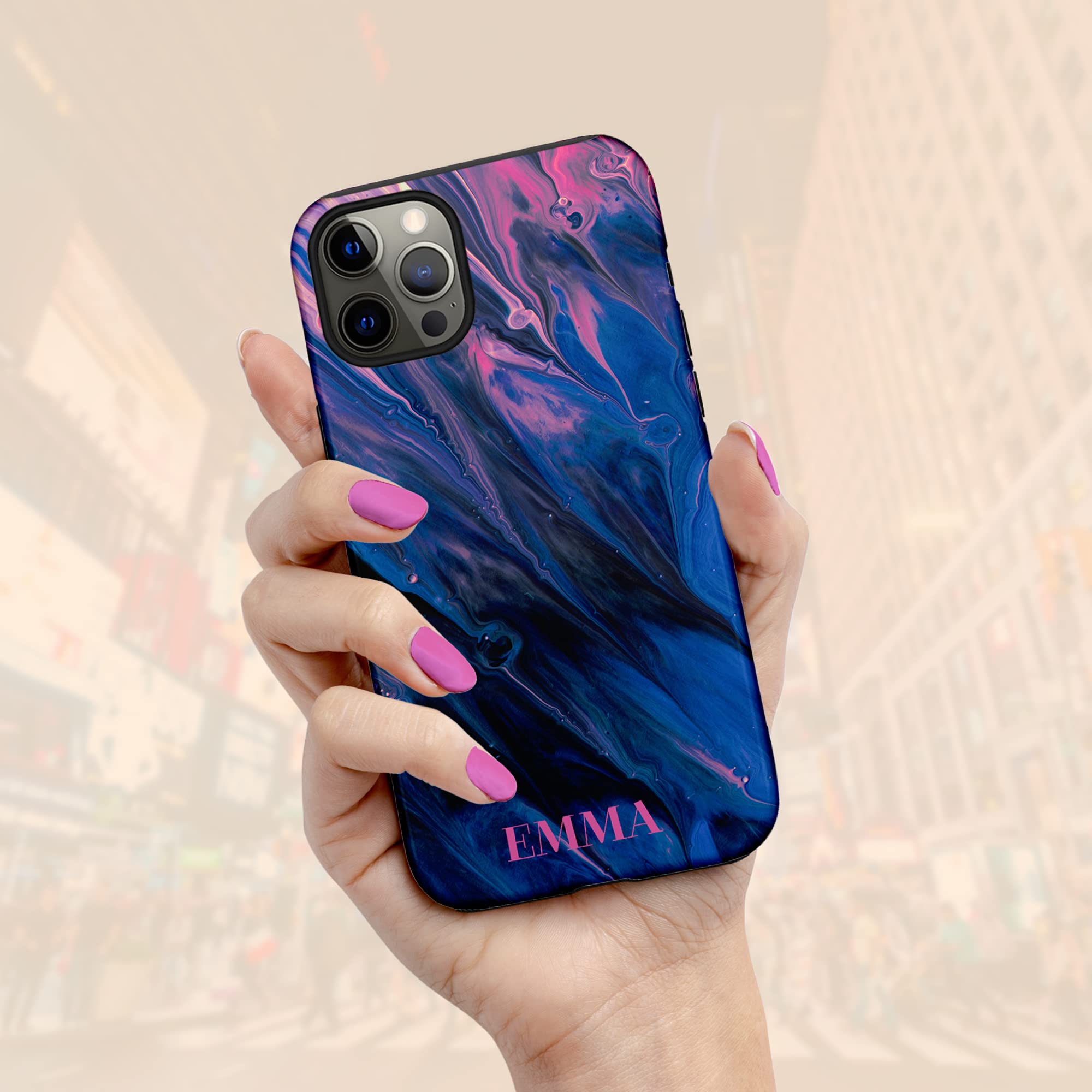 Custom Name Purple & Blue Abstract Marble Personalized Phone Case for iPhone 16 Plus/15 Pro Max/14/13 Mini/12/11/X/XS Max/XR/7/8 - Durable Protective Cover for Everyday Use, Work & Travel
