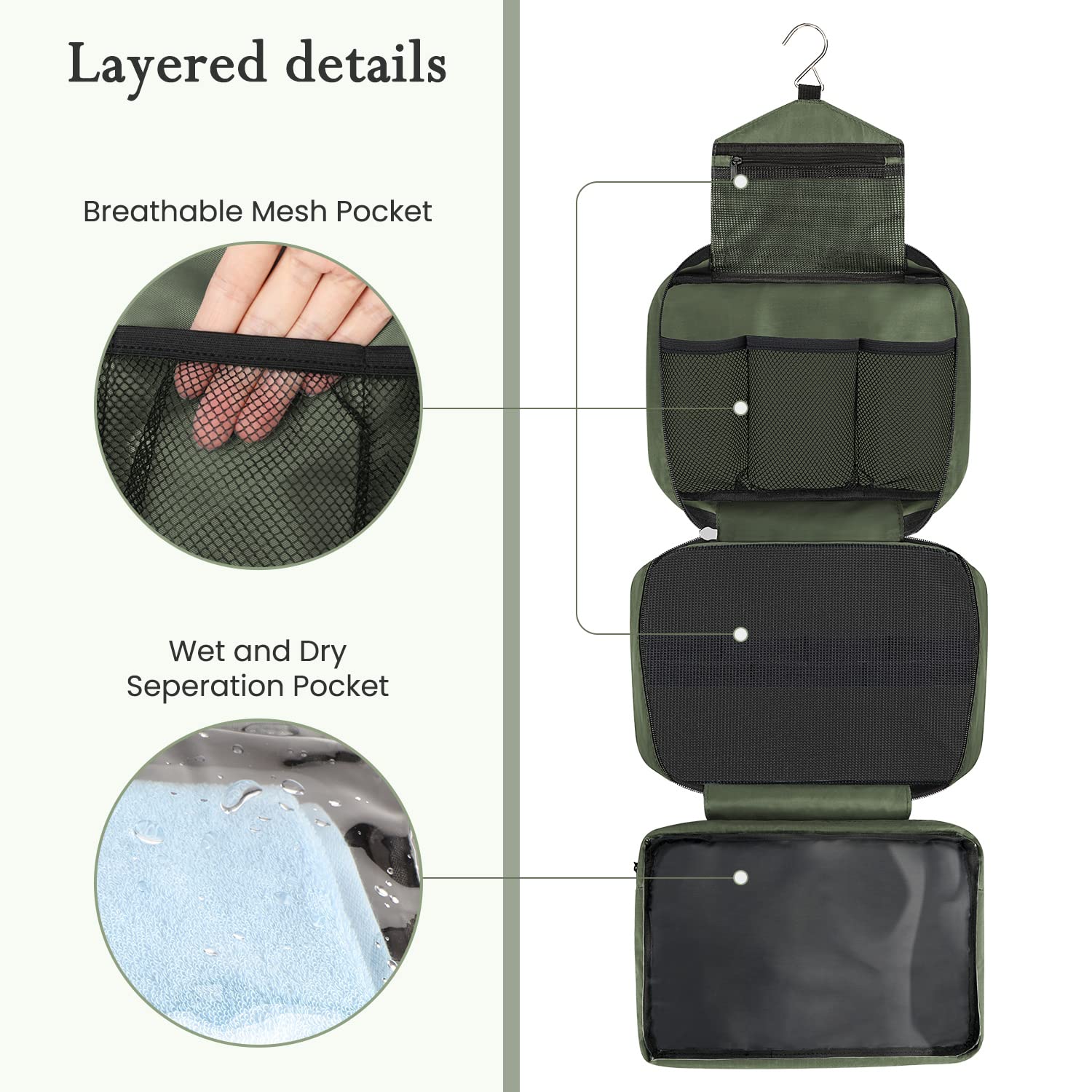 Maliton Hanging Travel Toiletry Bag for Men - 4 Compartment Waterproof Bathroom Organizer - Compact Portable Toiletries Case for Daily Use & Business Trips (Olive Green) | Perfect for Camping, Gym, Vacation & Air Travel