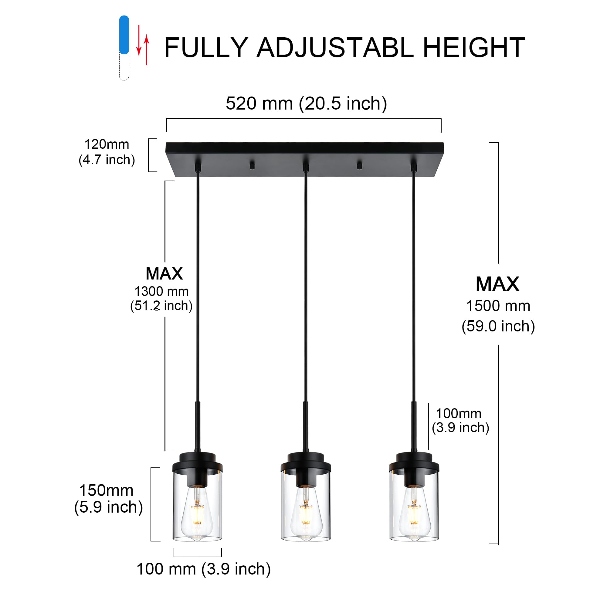 MELUCEE 3-Light Black Linear Chandelier - 20.5 Inch Modern Pendant Lighting for Kitchen Island, Dining Room, and Ceiling - Clear Glass Shade for Elegant Home Decor | Perfect for Contemporary Spaces and Open-Concept Living Areas