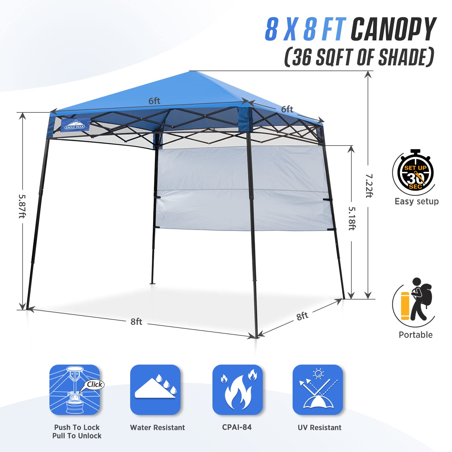 EAGLE PEAK 8x8 Pop Up Canopy Tent with Sidewall - Compact & Portable Instant Sun Shelter for Outdoor Events, Beach, Camping, Sports - 8x8 Base 6x6 Top - Blue - Perfect for Picnics, Tailgating, and Farmers Markets