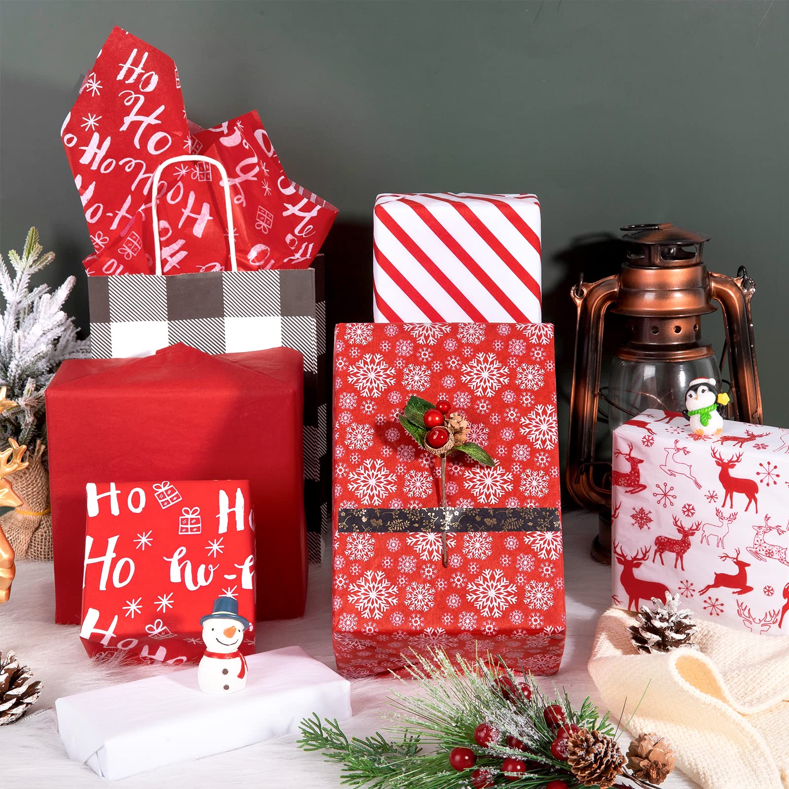 Premium Christmas Tissue Paper - Red Snowflake Reindeer Stripe Holiday Wrapping Paper 19.7