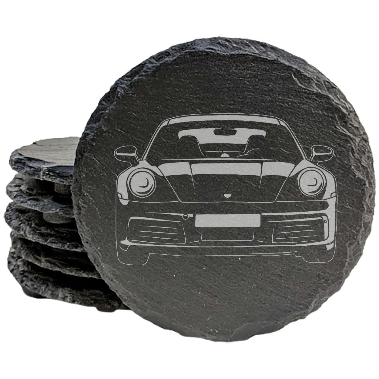 Premium Slate Coasters Set with Laser-Etched Porsche 911 Design - 6 Pack Round Drink Mats for Home, Office & Car - Durable & Stylish Gift for Porsche Enthusiasts - Perfect for Coffee Tables, Bars & Automotive Decor
