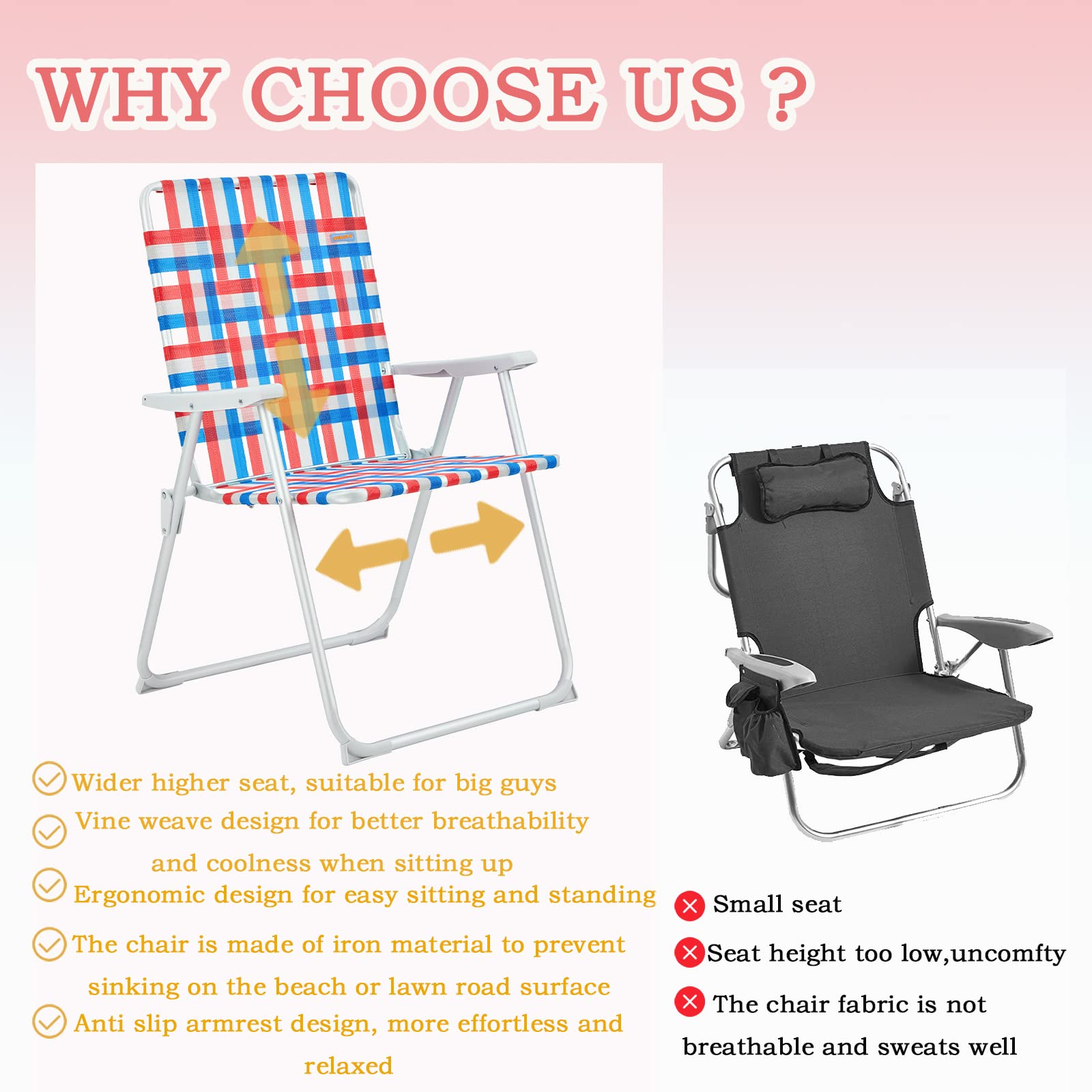 WEJOY Extra Wide Oversized Folding Beach Chair - Lightweight Aluminum Webbed Lawn Chair for Adults, Portable Camping Chair with Off-Ground Design - Perfect for Beach, Backyard, Picnics, Camping & Indoor Use