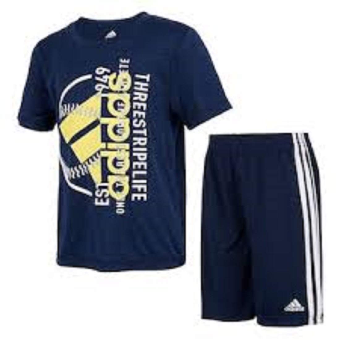 Adidas Boys Three Stripe Life Active Sport Tee & Shorts Set - Comfortable Athletic Outfit for Kids Sports, Playground & Casual Wear