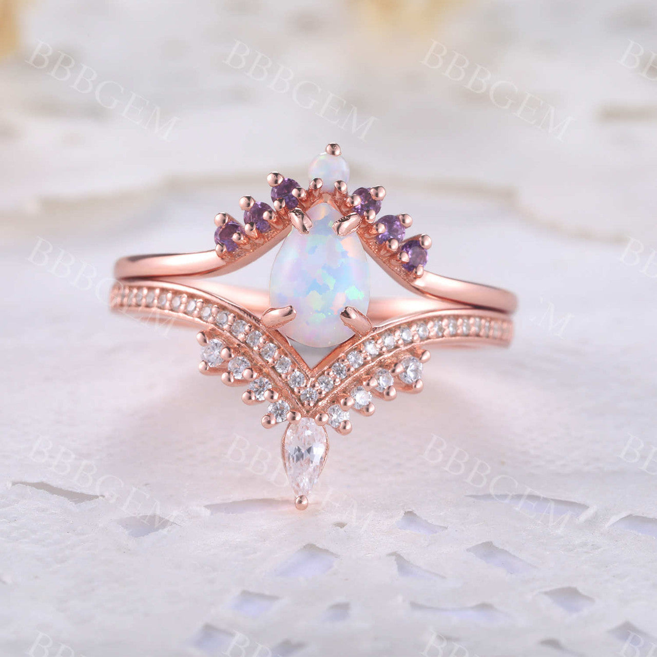 Pear Opal Engagement Ring Set - 3 Piece White Opal Wedding Band & Bridal Jewelry Set for Women, Perfect for Proposals, Anniversaries & Bridal Shower Gifts