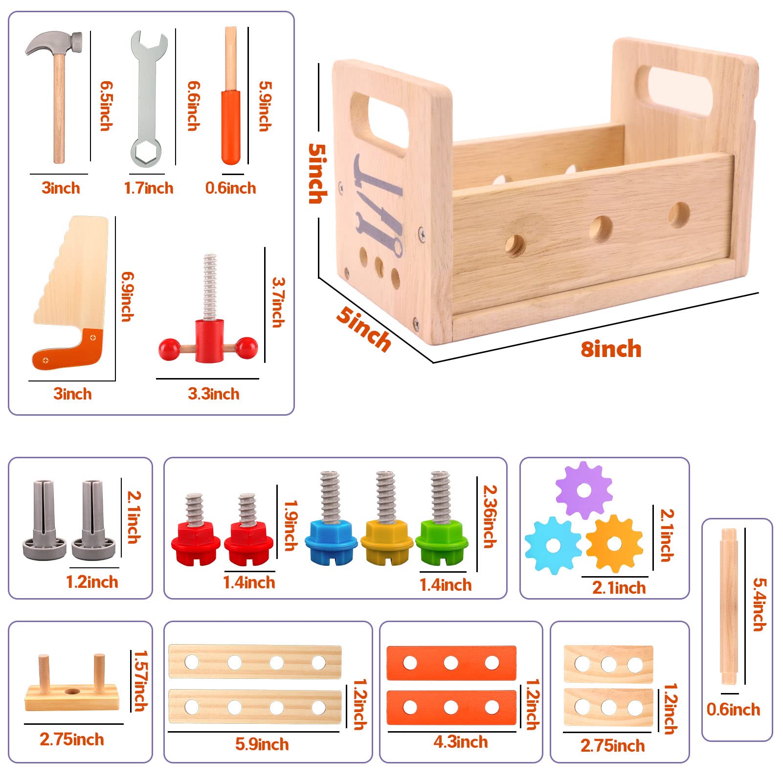 WDMIYA 29-Piece Wooden Toddler Tool Set - Montessori STEM Educational Construction Toys for 2 3 4 Year Old Boys & Girls | Pretend Play Birthday Gift for Kids | Perfect for Home, Classroom & Outdoor Learning Activities