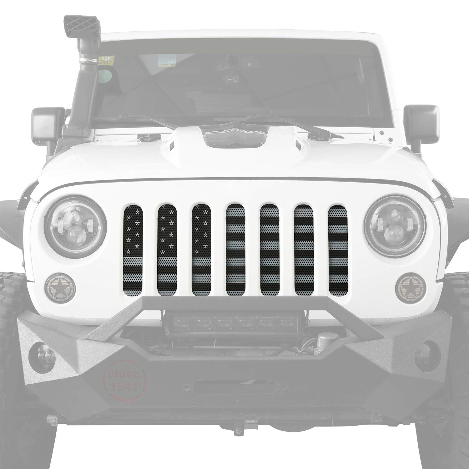 2007-2018 Jeep Wrangler JK & JKU Unlimited Grille Insert Mesh Cover - Black & White American Flag Bug Screen for Off-Road Protection | Durable Dust & Debris Shield for Summer Driving, Trail Riding & Highway Cruising | Perfect for Jeep Enthusiasts & Outdoor Adventures | Ideal for Desert Off-Roading, Camping Trips & Daily Commuting