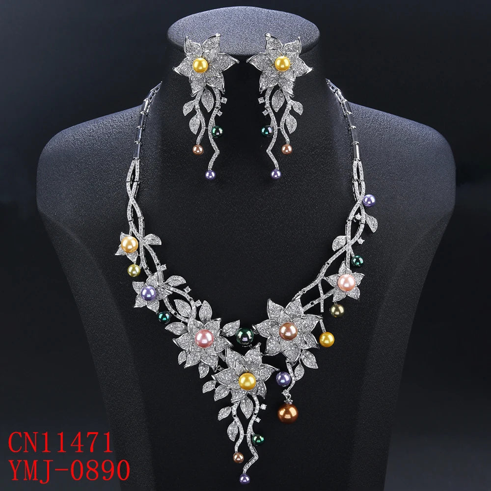 Luxury Cubic Zirconia Pearl Statement Necklace & Earrings Set - Elegant Jewelry for Women, Party & Evening Wear - Perfect for Weddings, Prom & Special Occasions