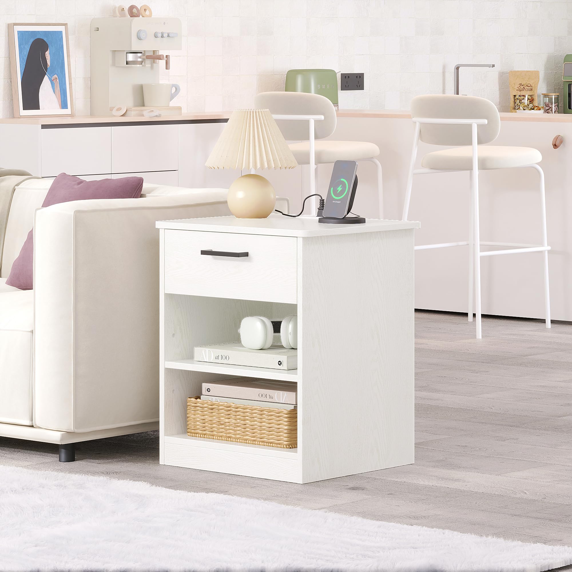 Fast Charging Wooden Side Table with USB C Port - White Nightstand with Drawer & Adjustable Shelf for Bedroom, Living Room, Office - Modern End Table for Phone Charging & Storage (Set of 1)