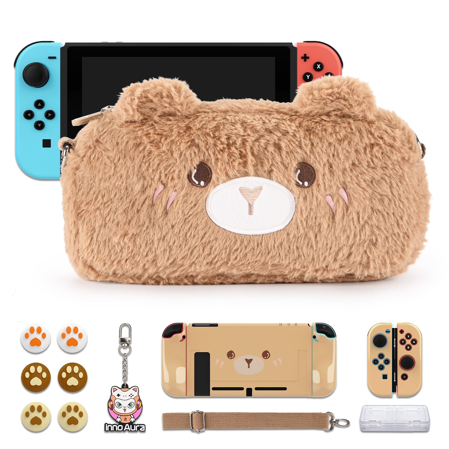 InnoAura 15-in-1 Nintendo Switch Accessories Bundle - Protective Carrying Case, Game Case, Screen Protector, Thumb Grips (Brown Bear) - Perfect for Travel, Gaming On-The-Go & Switch Console Protection