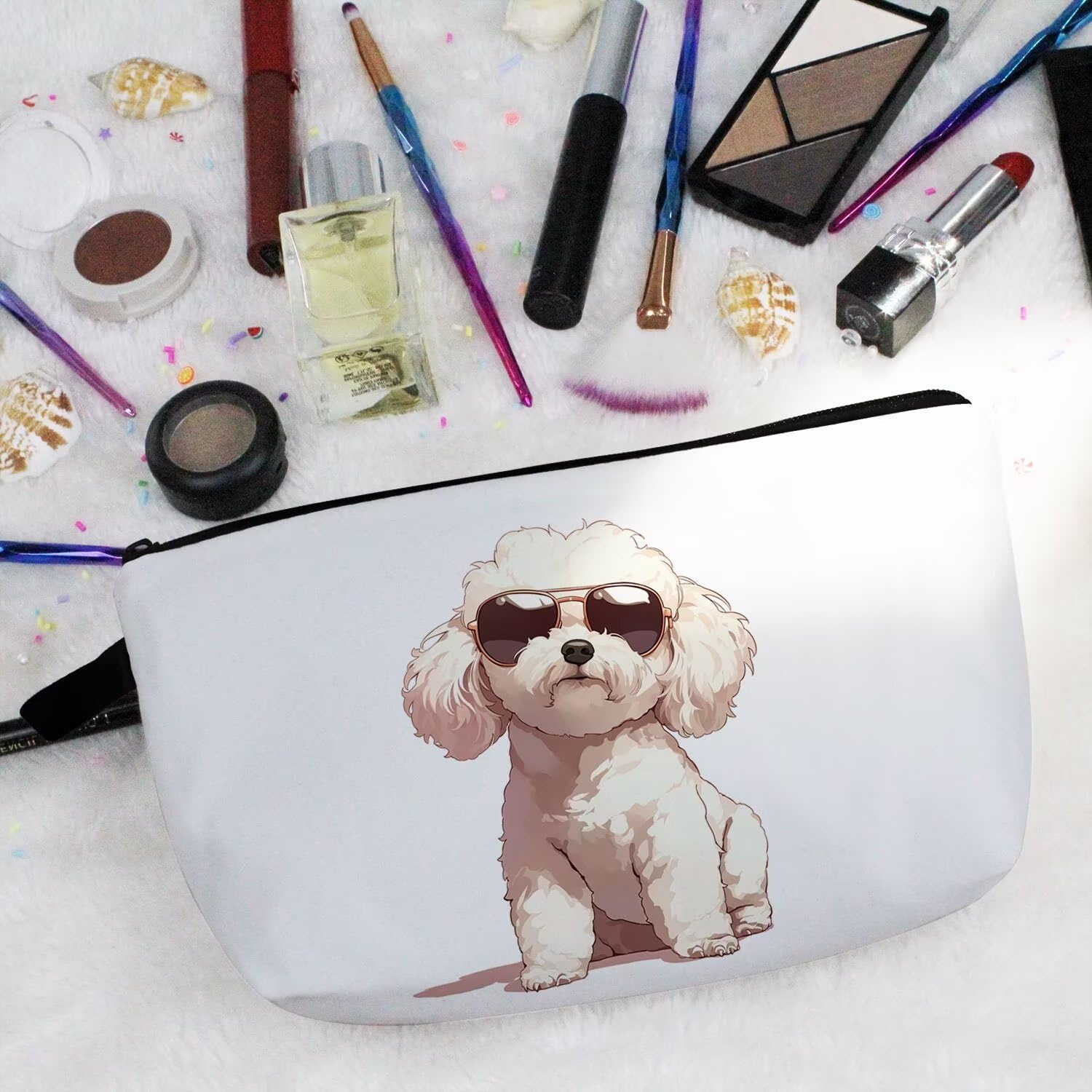 Funny Bichon Frise Makeup Bag - Small Organizer Toiletry Pouch with Zipper - Cute Cartoon Sunglasses Design - Perfect Cosmetic Bag Gift for Bichon Lovers & Dog Moms - Great for Travel, Gym & Daily Makeup Storage