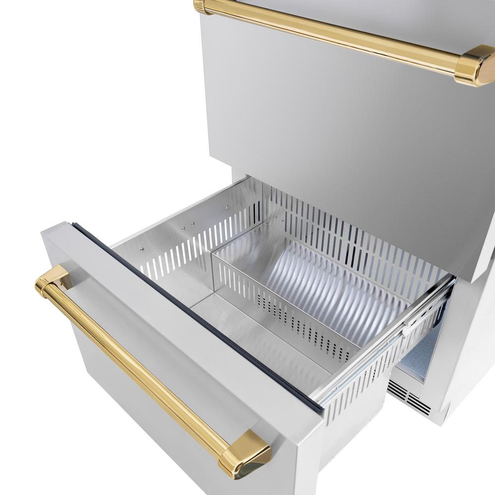 ZLINE Autograph Edition 24 Inch Stainless Steel Outdoor Refrigerator Drawer - Dual Zone 168 Can Capacity with Polished Gold Handles (RDSOZ ST 24 G) - Perfect for Outdoor Kitchens, Patios, and Entertaining Areas