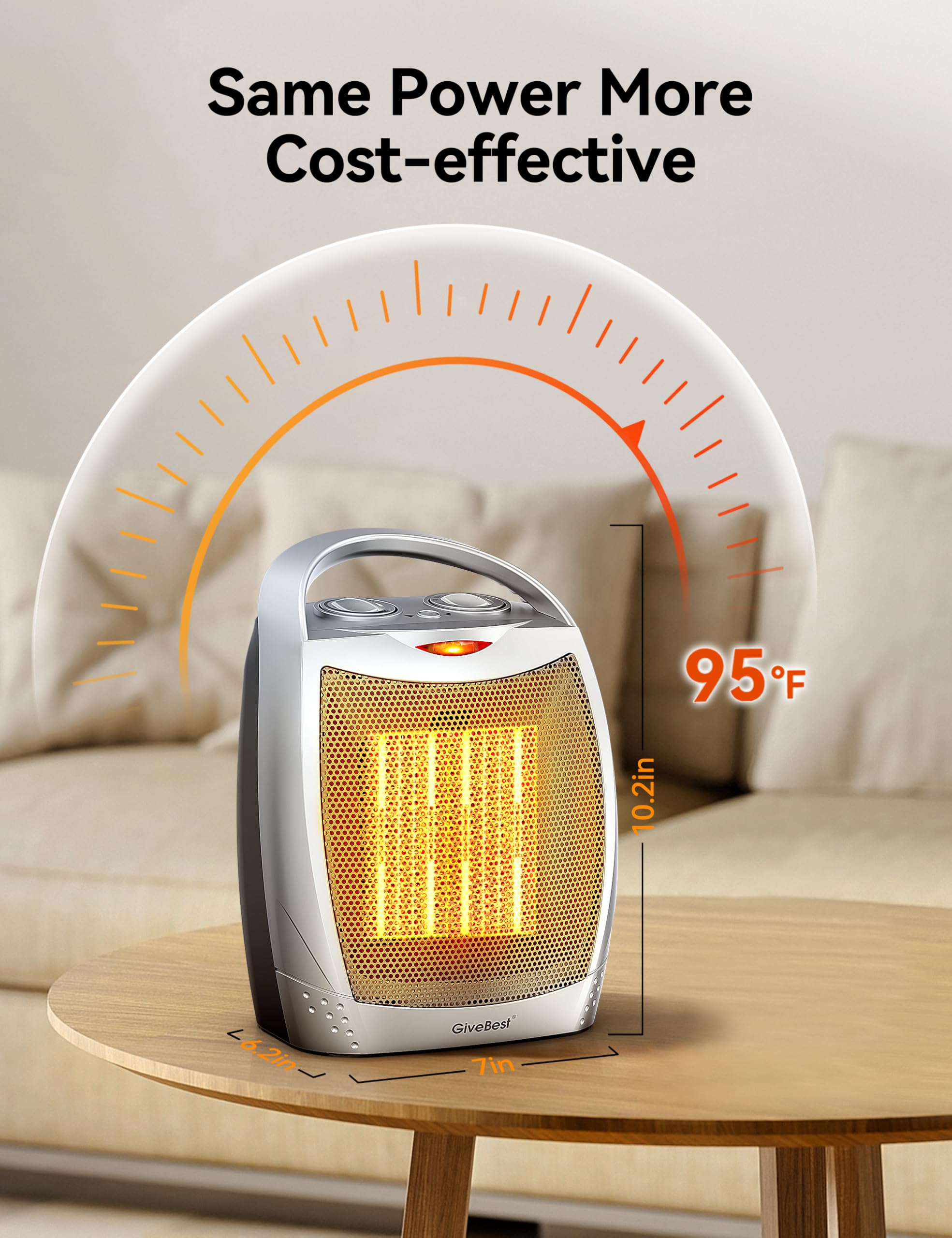 GiveBest 1500W/750W Portable Electric Space Heater with Adjustable Thermostat - Quiet Ceramic Heater Fan for Office, Bedroom & Indoor Use - Fast Heating up to 200 sq ft - Silver (Perfect for Home, Office Desk & Small Spaces)