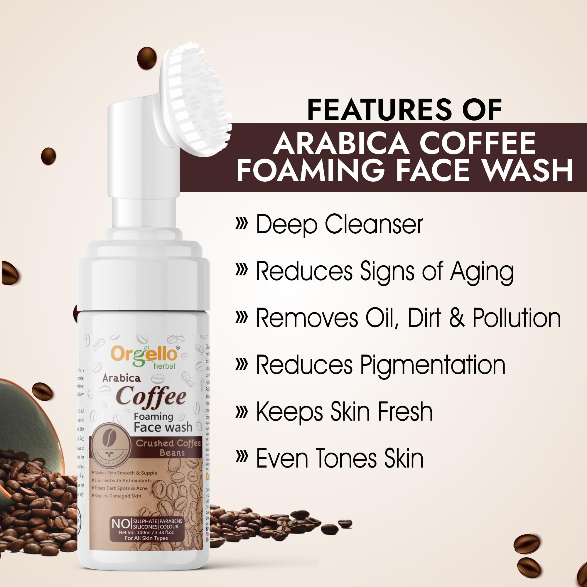 Orgello Arabica Coffee Foaming Face Wash - Sulfate & Paraben Free, Natural Cleanser (100ml) | Gentle Exfoliation for Acne-Prone & Oily Skin | Perfect for Morning Routine & Travel