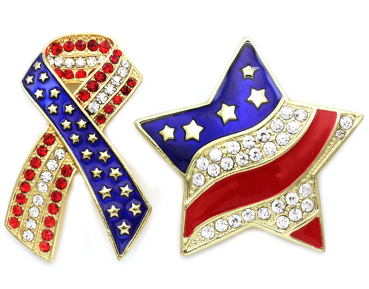 Breast Cancer Awareness Ribbon & Star Brooch - Patriotic USA Flag Pin Set for Independence Day, Memorial Day & Everyday Wear - Perfect for Lapels, Jackets & Bags