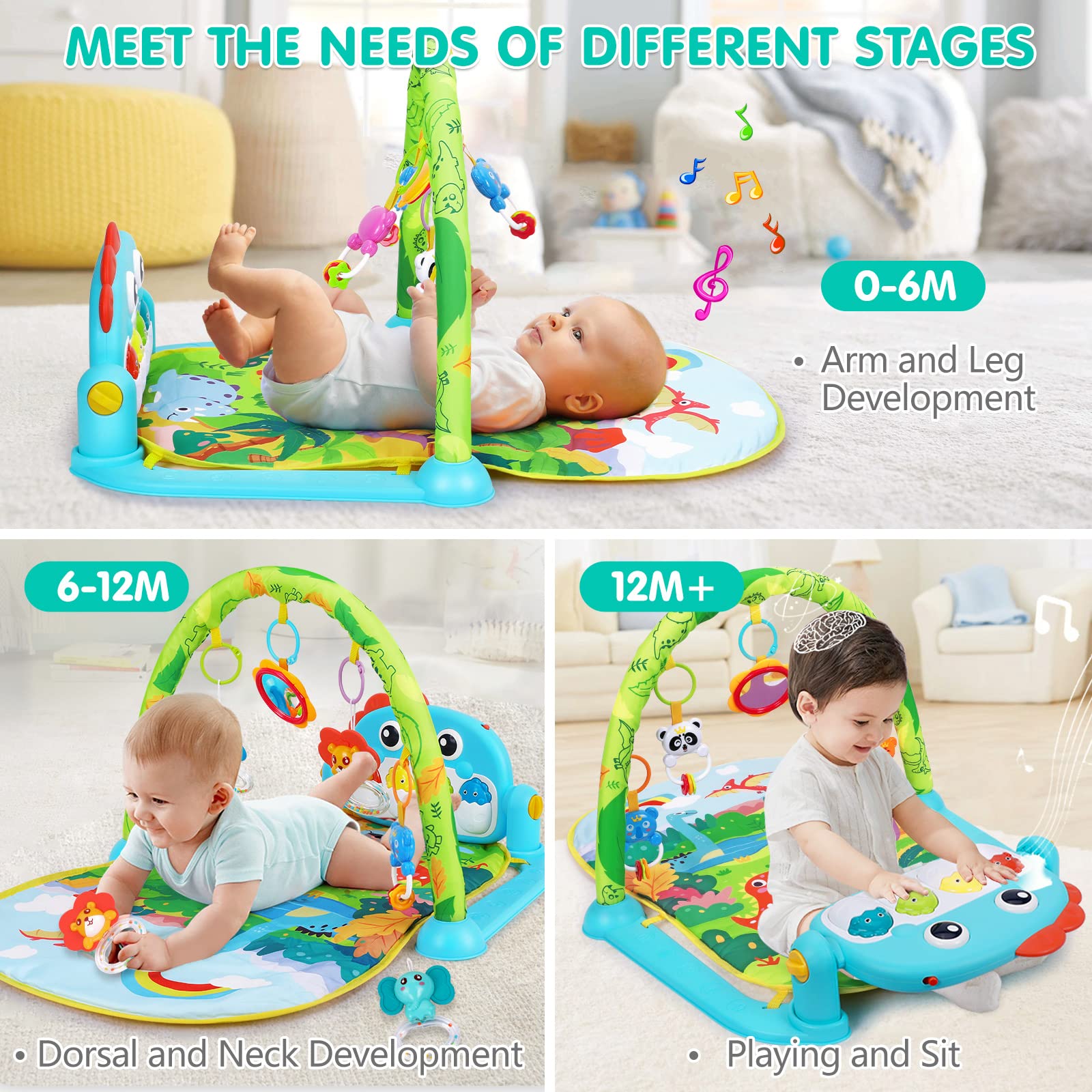 **Baby Gym Play Mat with Music & Lights - Dinosaur Style Activity Center for Newborns & Infants (0-12 Months) | Tummy Time Toy, Sensory Development & Early Learning Gift**    *(Perfect for Playtime, Crawling Practice & Interactive Fun at Home or Daycare!)*