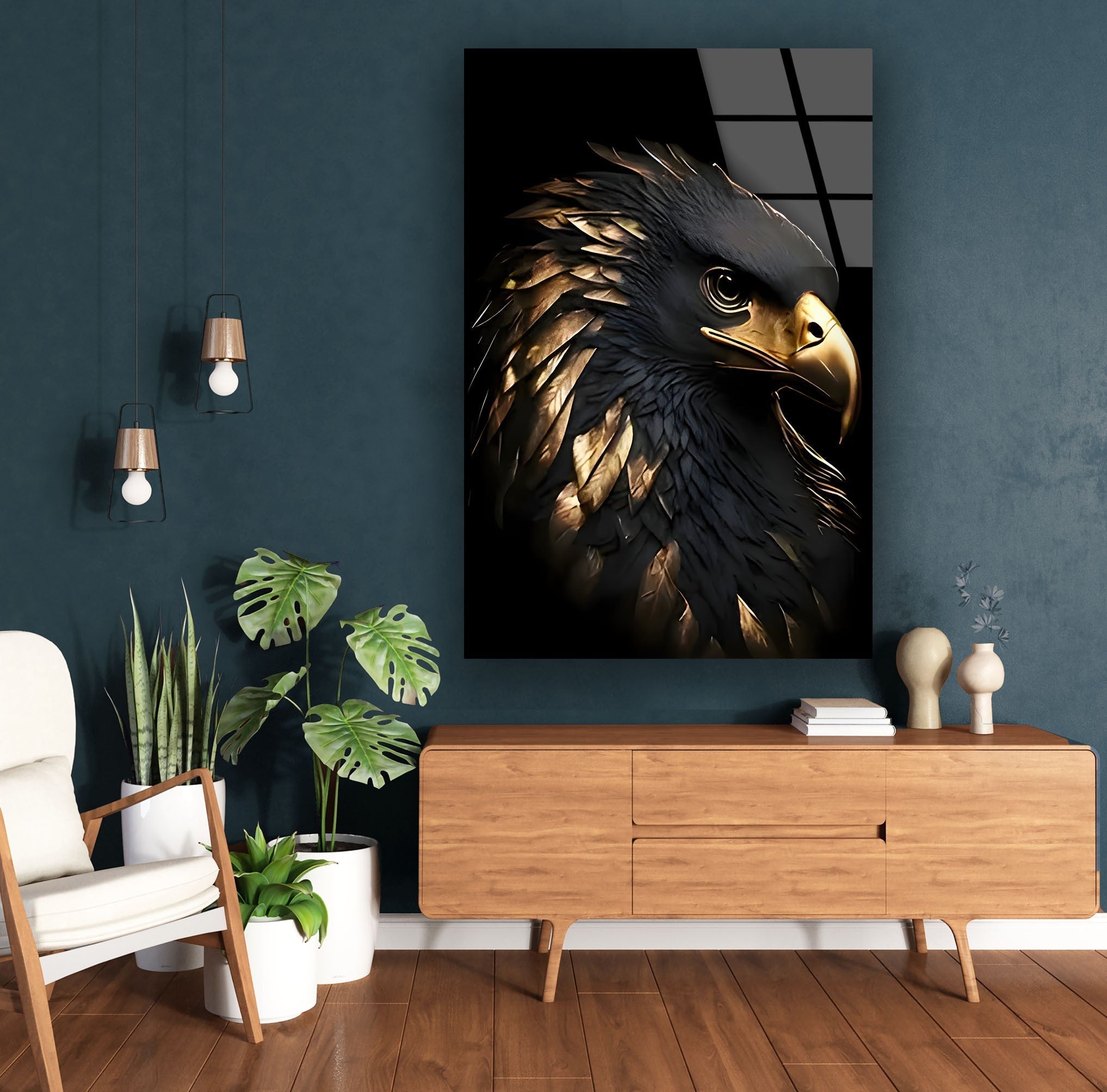 Black Gold Eagle Glass Wall Art - Handmade Modern Home Decor for Living Room, Bedroom & Office - Elegant Glass Artwork for Gifts & Interior Design