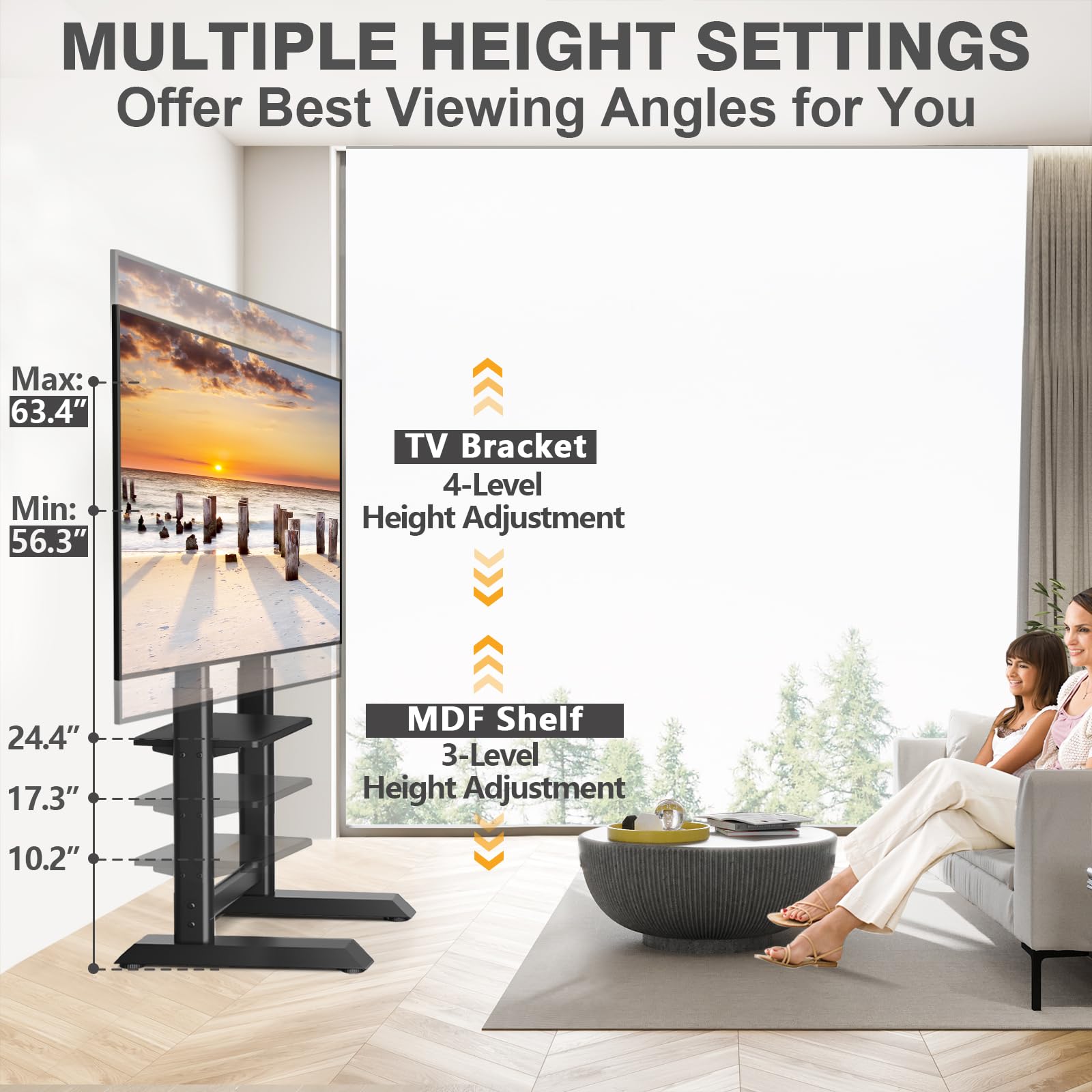 Heavy Duty Universal TV Floor Stand for 55-100 Inch TVs up to 150 lbs - Adjustable Height Tall TV Stand with Mount & Large Storage Shelf - Perfect for Living Room, Bedroom, Home Theater - Black